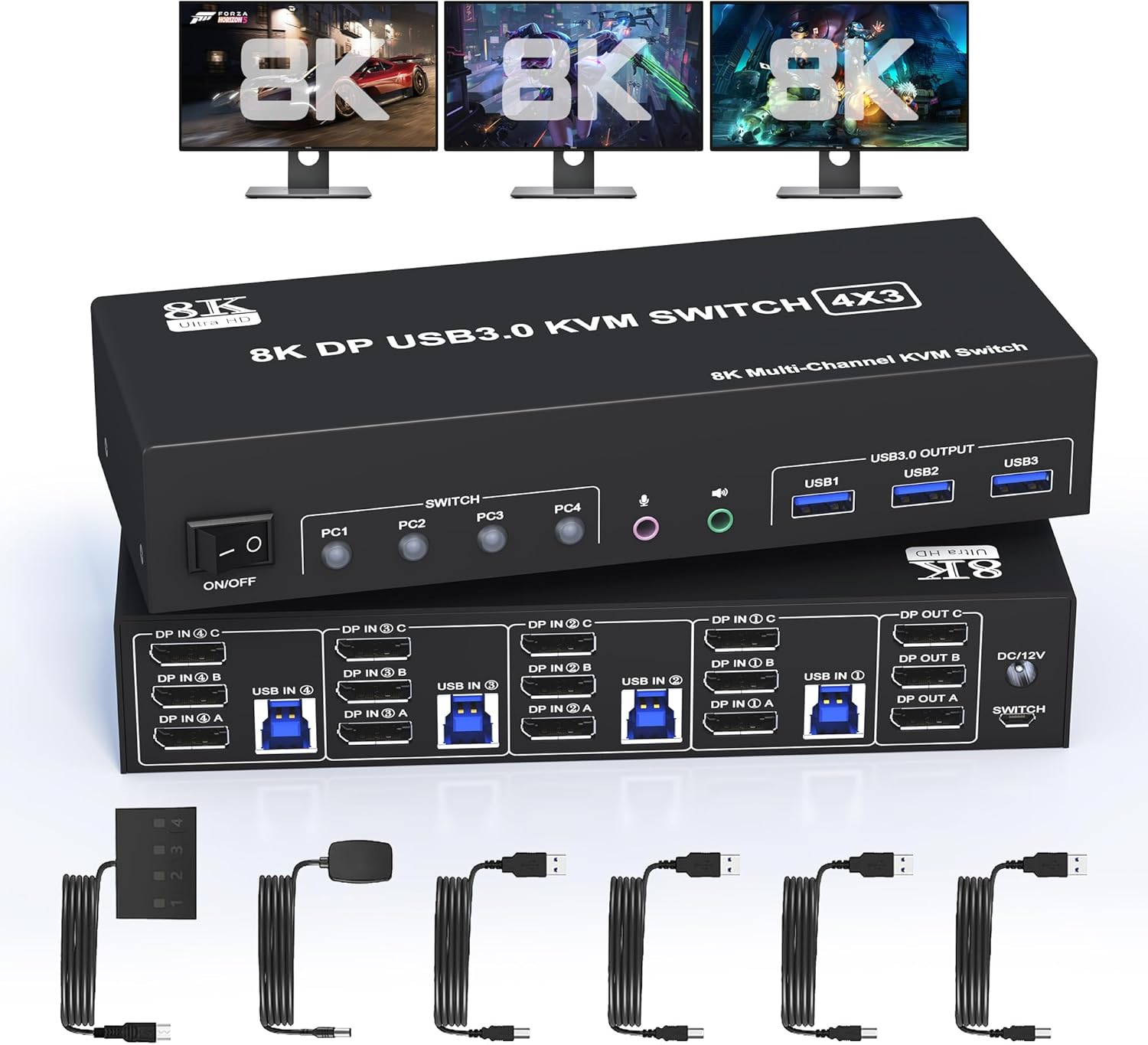 8K@60Hz Displayport KVM Switch 3 Monitors 4 Computers 4K@144Hz, DP 1.4 KVM Switch Triple Monitor for 4 Computer with Audio and 3 USB 3.0 Ports, KVM Triple Monitor Keyboard Mouse Switcher image number 2