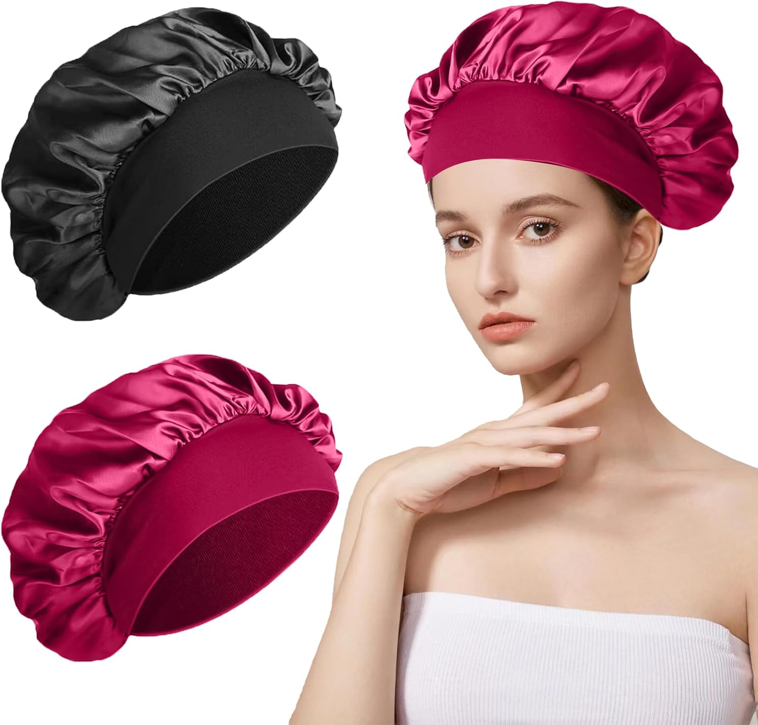 Bonnet Sleep Cap Hair, Bonet Silk, Shower Cap Women, Sleep Cap Hair Protection Children, Sleep Cap Curls, Satin Hood for Sleeping Men, Silk Hood Hair, Hair Protection (Burgundy and Black)