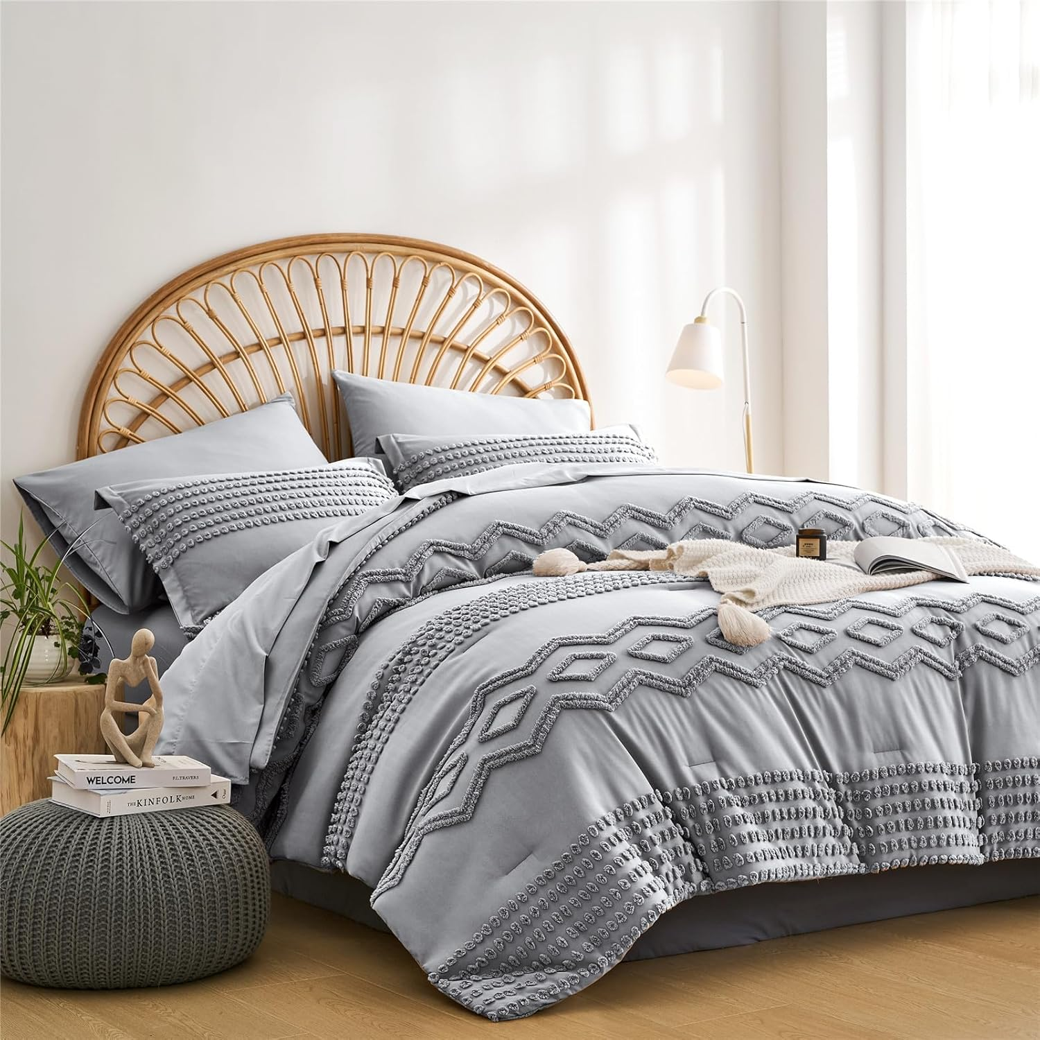 KAKIJUMN Grey Tufted Comforter Set King Size 7 Piece Bed in a Bag, Shabby Chic Boho Comforter and Sheet Set, Pom Pom Textured Bed Set, All Season Soft Microfiber Complete Bedding Set(Grey,King)