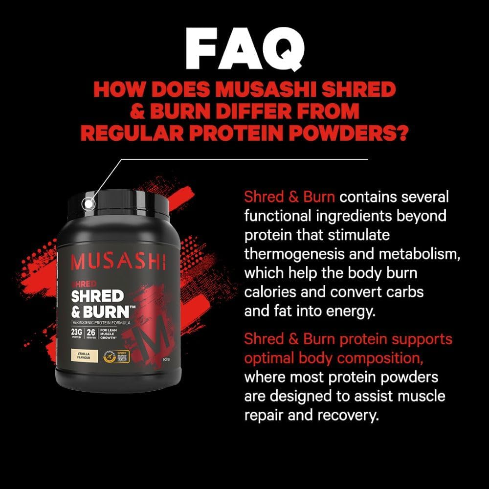 Musashi Shred and Burn Protein Powder, Vanilla Flavour, 2Kg &ndash; High Protein, Thermogenic Formula with L-Carnitine & Green Tea for Lean Muscle & Fat Metabolism