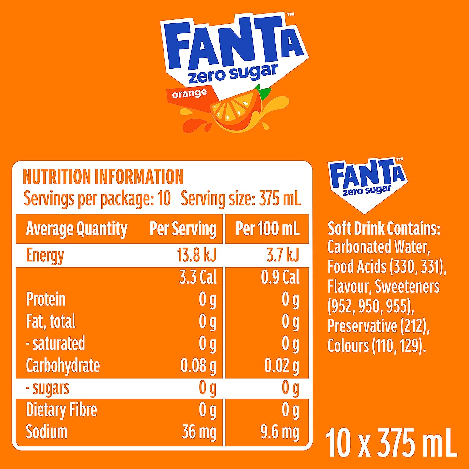 Fanta Orange Zero Sugar Soft Drink Multipack Cans 20 X 375 Ml image number 3