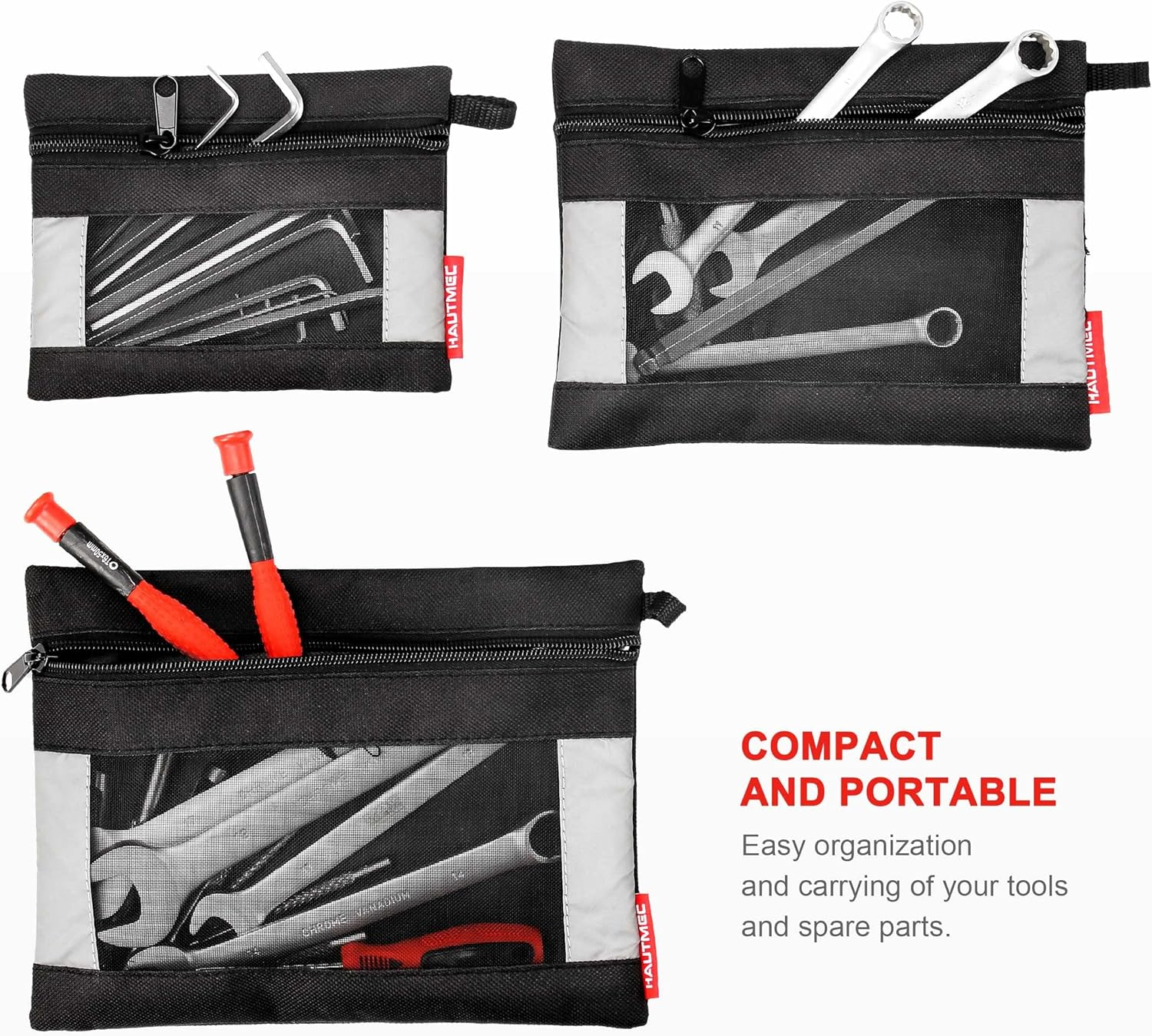 HAUTMEC 3 Pieces Small Tool Pouch, Multi Function Zippered Tool Poly Bag with Mesh Window, Heavy-Duty Clip Organizer HT0126-TB image number 2