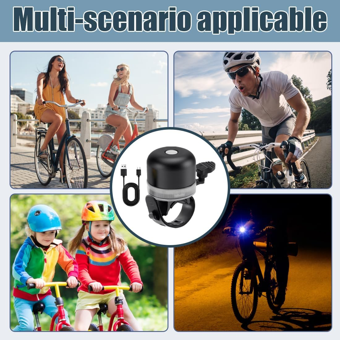 Tomedeks Pack of 2 Bicycle Bell with Lighting Black Bicycle Bell with 3 Adjustable Light Modes image number 2