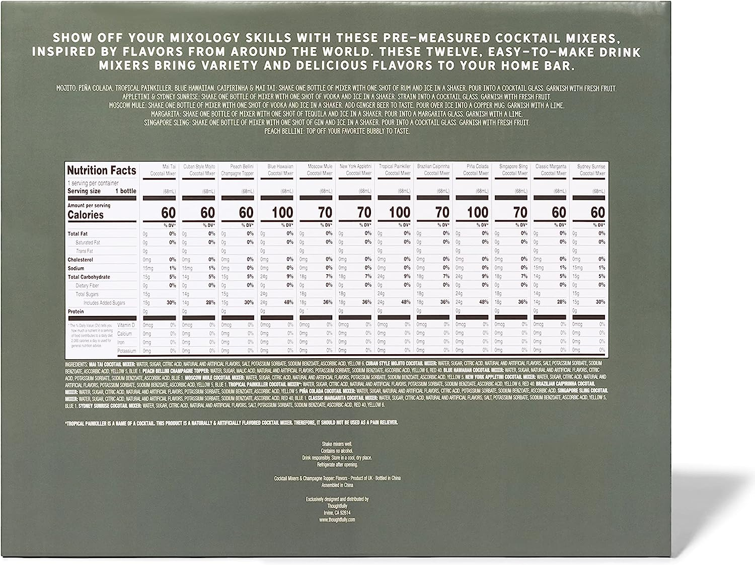 Thoughtfully Cocktails, Global Cocktail Mixers, Flavours Include Classic Margarita, Cuban Style Mojito, New York Appletini, Pina Colada, Blue Hawaiian, and More Set of 12 (Contains NO Alcohol) image number 2