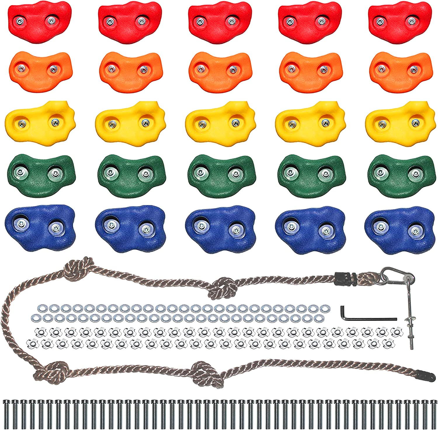 Jungle Gym Kingdom DIY 25 Rock Climbing Ninja Hand Holds with Robust 8 Foot Knotted Rope Build Childrens Playground Wall Kids Indoor Outdoor Play Sets with Mounting Hardware image number 3