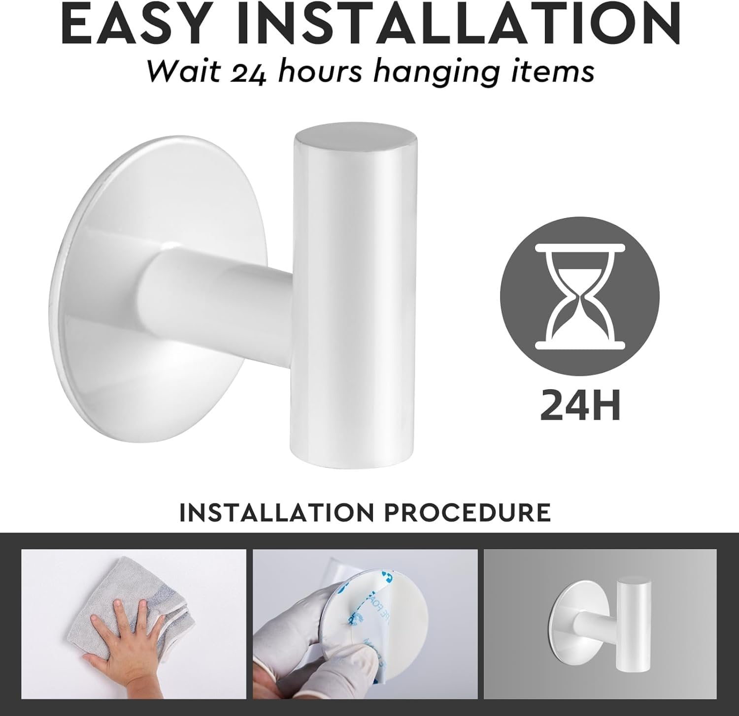 YUET Bath Towel Robe Hooks Self Adhesive No Drilling, Stick on Metal Coat Hooks, SUS 304 Stainless Steel Clothes Holder, Shower Wall Hook for Bathroom Hotel Kitchen Office Closet, 2 Pack (White) image number 3