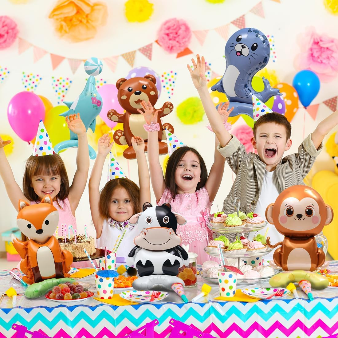 LZYMSZ Woodland Animal Balloons, 13Pcs Giant Jungle Safari Balloon Zoo Theme Foil Balloons, Cute Rabbit Bear Fox Elephant Monkey Lion Panda Standing Party Decorations for Boy Girl Birthday Baby Shower image number 3