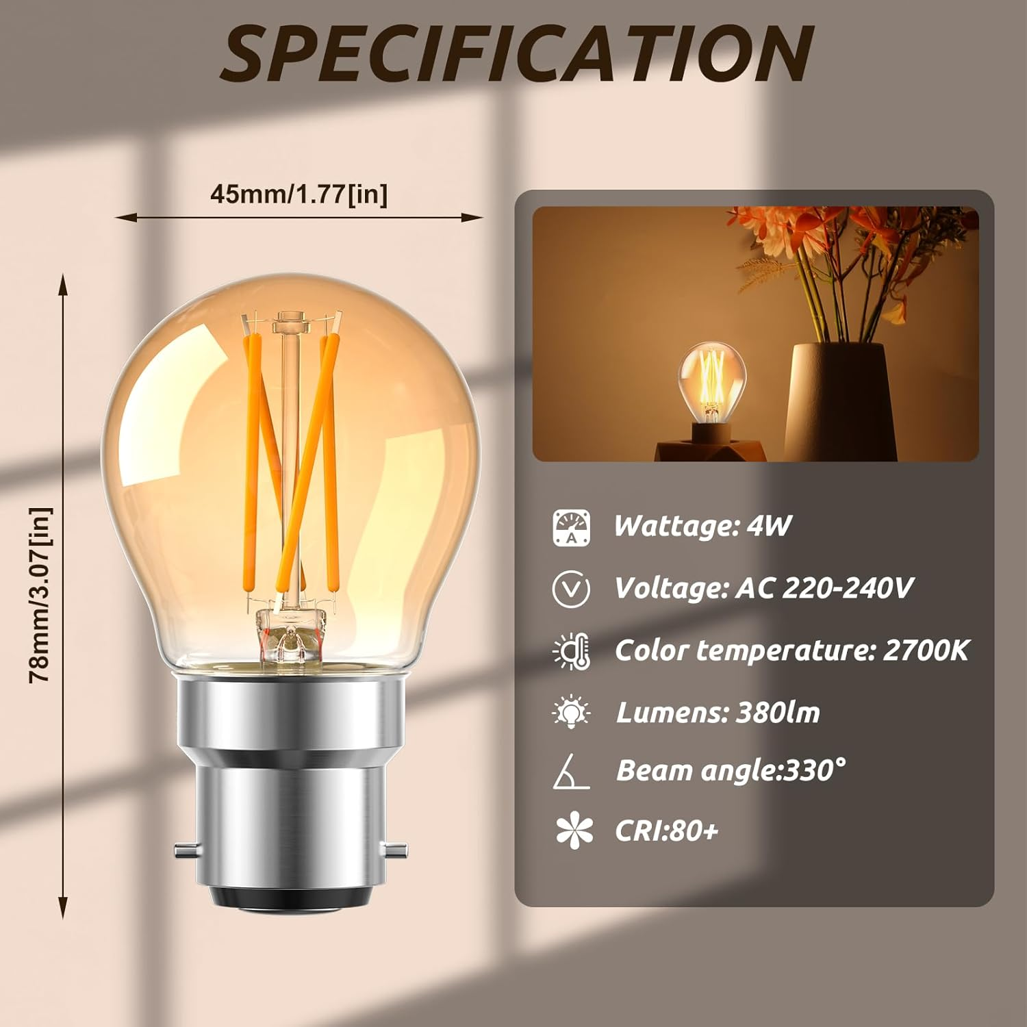 Bonlux 4W Light Bulb G45 Dimmable Golf Ball LED Filament Bulb 40W Incandescent Bulbs Replacement, Amber Glass Cover Classic Vintage Edison Bulb AC220-240V Flicker Free, Pack of 4 image number 3