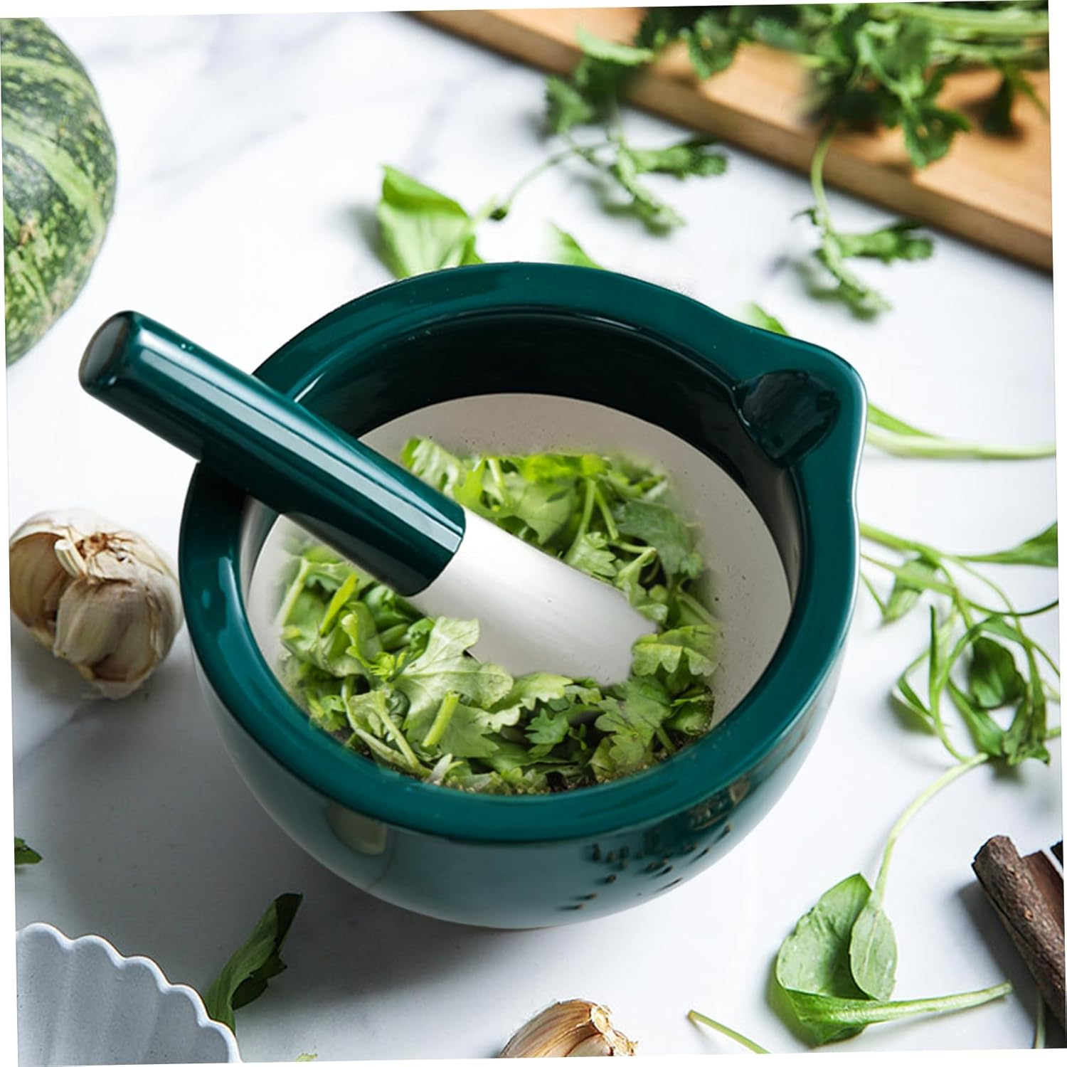 Pestle and Mortar Set Porcelain Spice Grinder Kitchen Manual Herb Grinder Pill Crusher Grinding Bowls for Paste Garlic Ginger Dark Green image number 1