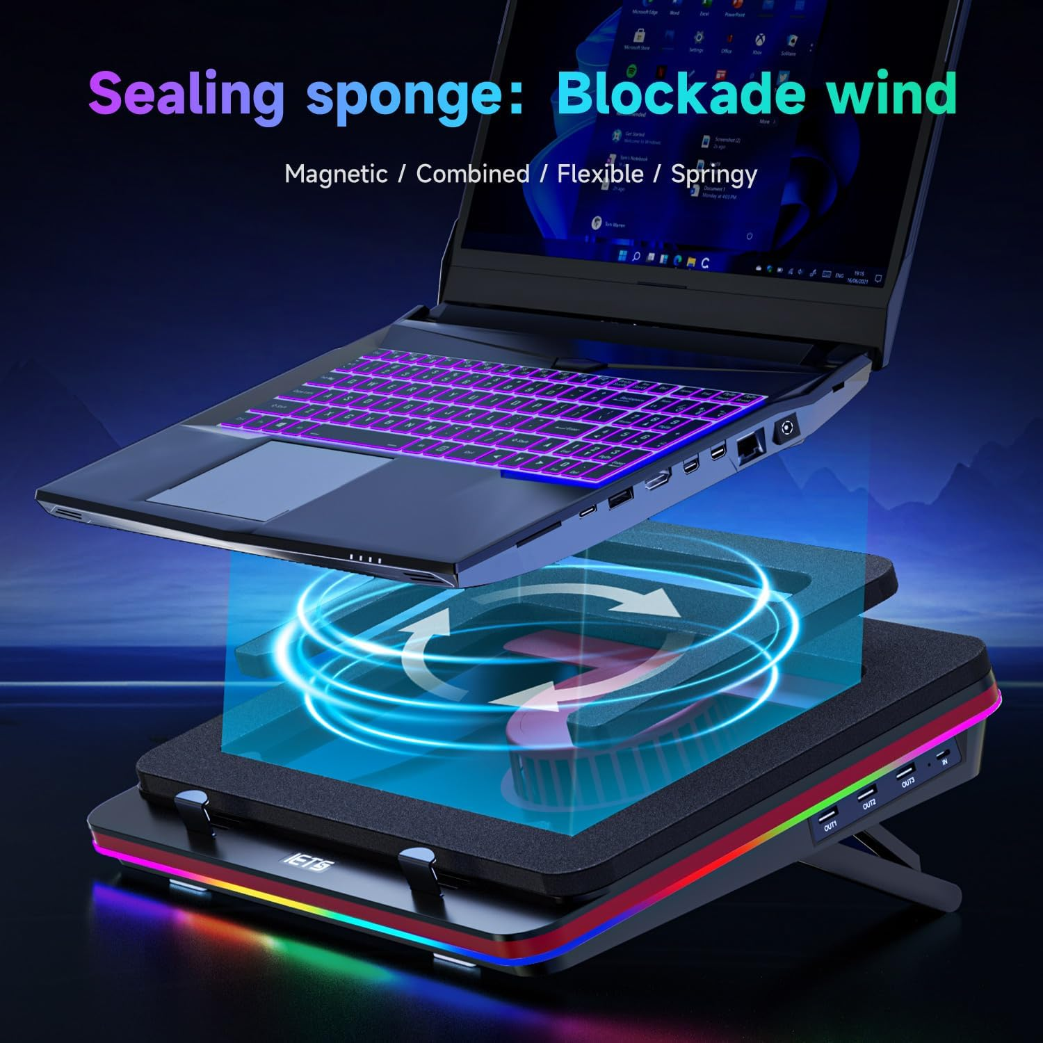 IETS Supercharged Laptop Cooling Pad with Continuously Variable Speed Turbofan,Seal Foam for Rapid Cooling 13-19Inch Gaming Laptop,Air Filtration,Rgb and USB Hub,Powerful Laptop Cooler image number 5