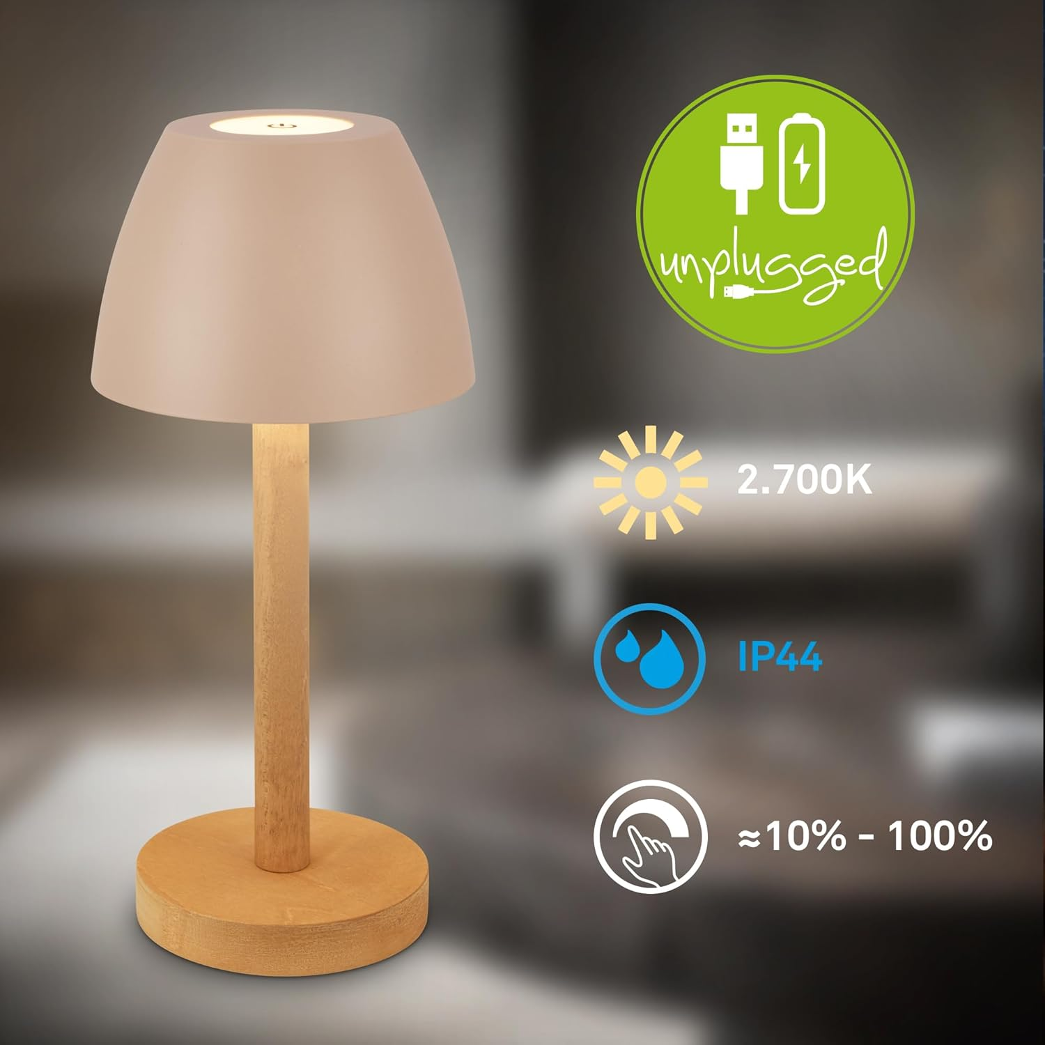BRILONER - LED Table Lamp Wireless IP44 with Touch, Dimmable, Battery Replaceable, Bedside Lamp, Reading Lamp, LED Lamp, Camping Lamp, Table Lamp, Battery Lamp, Outdoor Lamp, 13.5 X 30 Cm, Beige Wood image number 3