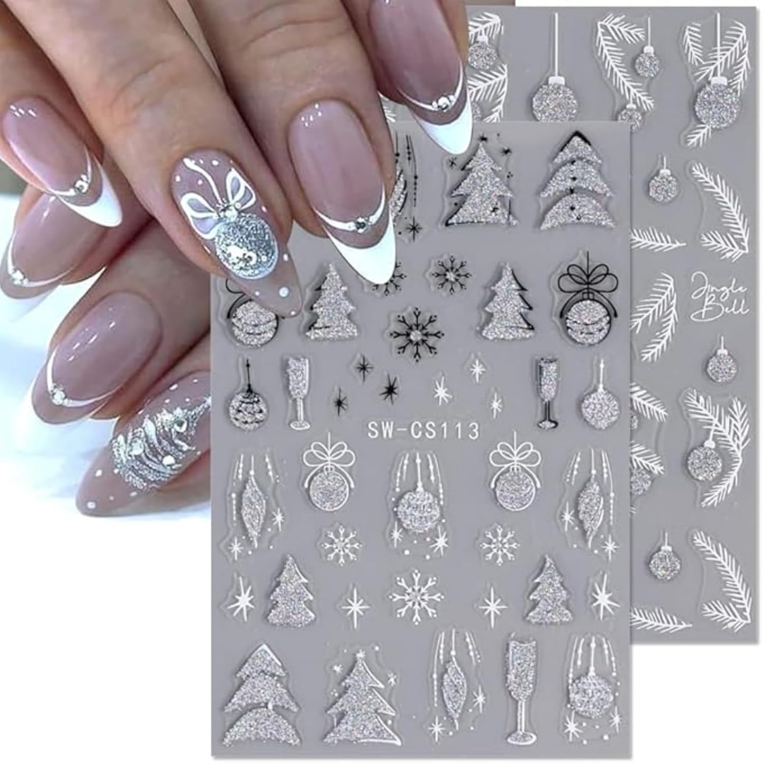 Itadaku 4 Sheets Christmas Nails Stickers, Glitter Xmas Tree, Silver Jingle Bell, Pine Leaf, 3D Snowflake & Star Nail Art Decals, Holiday Nail Design Accessories for Women & Girls image number 3