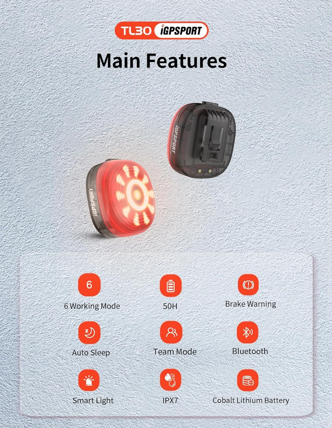 Igpsport TL30 Smart Rear Bike Light, Bluetooth 6 Modes Rechargeable 50H Run Time IPX7 Waterproof Bicycle Tail Light image number 3