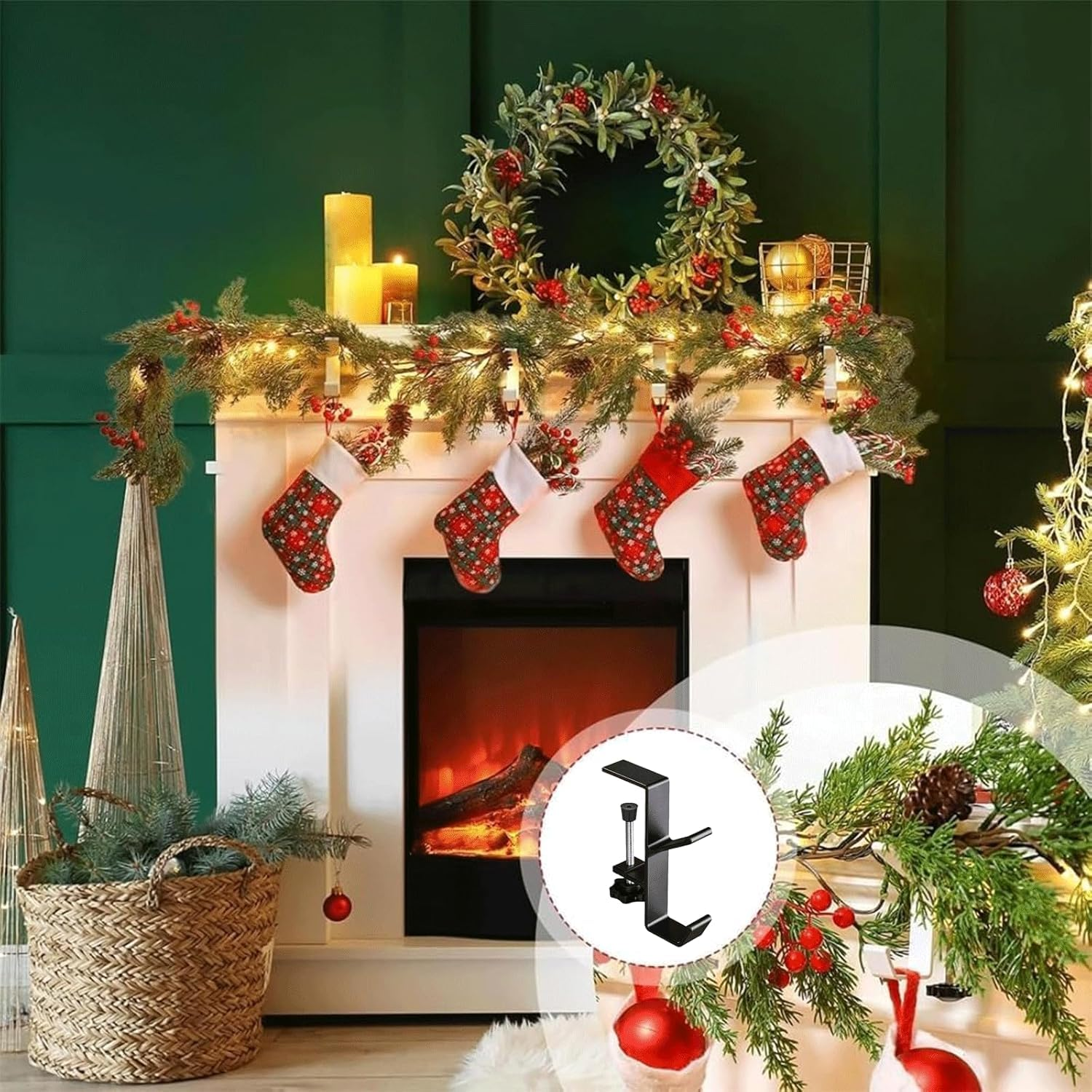 Fireplace Stocking and Garland Hanger, 2 in 1 Garland Stocking Hangers, Christmas Hooks Stocking Holders for Mantle Garland Hanger Mantle Hooks for Home Party Decoration (Black, 6Pcs)
