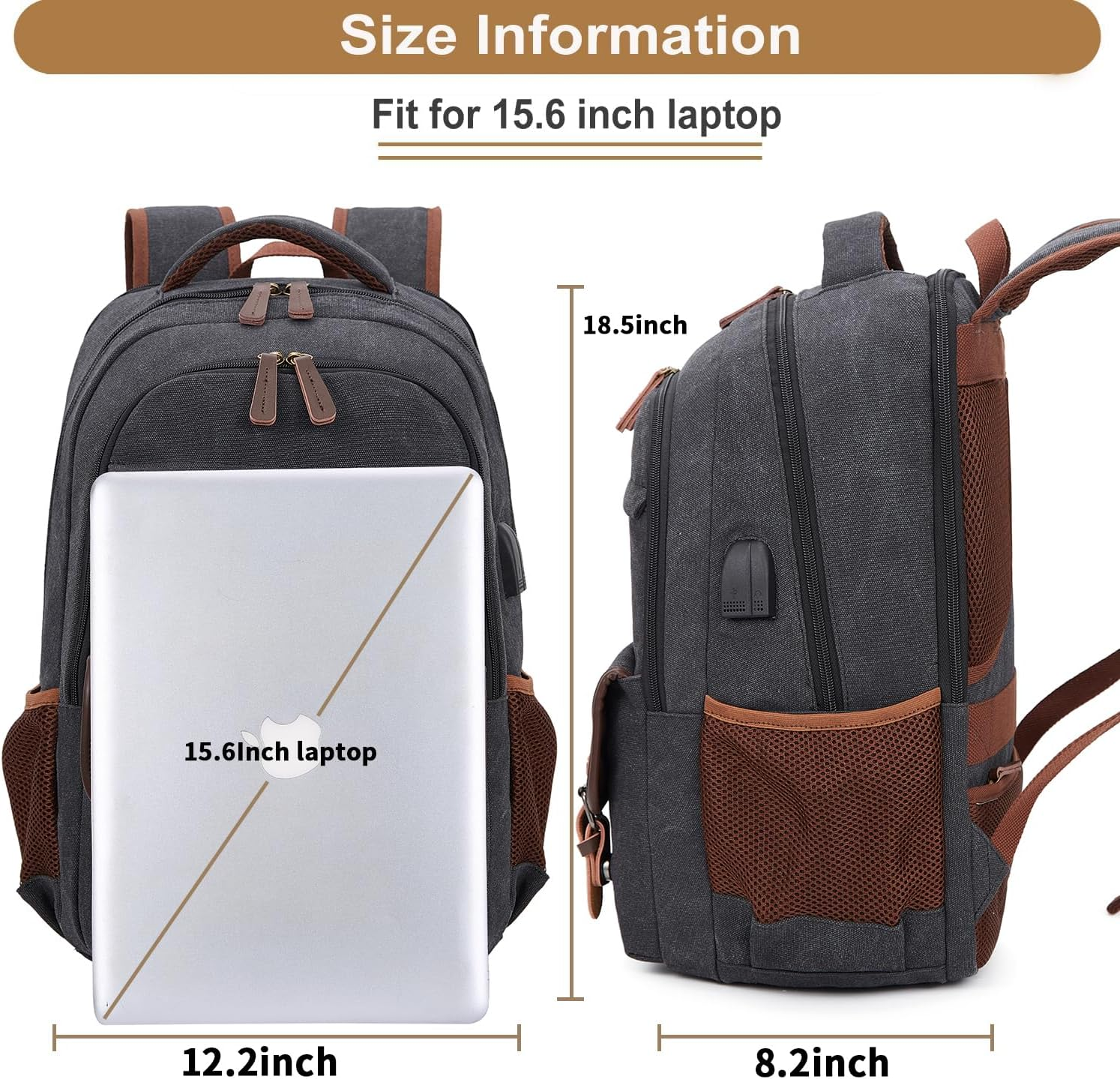 Canvas Travel Laptop Backpack for Men Women,Work Backpack Fits 15.6 Inch Laptop, Bookbag with USB Charging Port