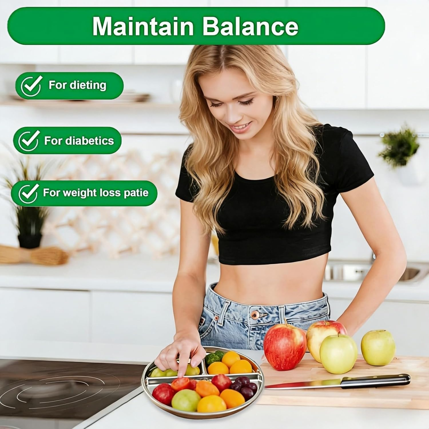 4 Pack Stainless Steel Kids Plates,8In Portion Control Platter with 3-Compartment 304 Stainless Steel，Easy to Clean Plate for Adults Kids of Camping, Breakfast ，Lunch and Dinner image number 3