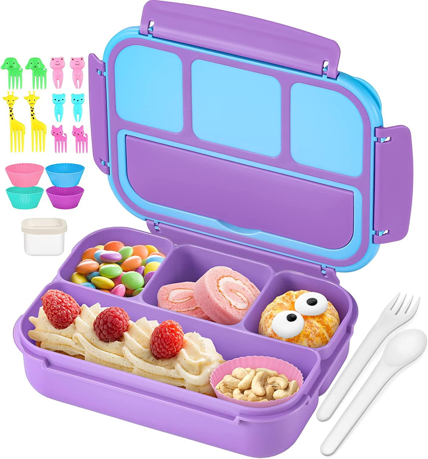 QQKO Bento Lunch Box with 4 Compartments, Sauce Container, Utensils, Food Picks and Muffin Cups for School - Purple - Black Gray image number 2