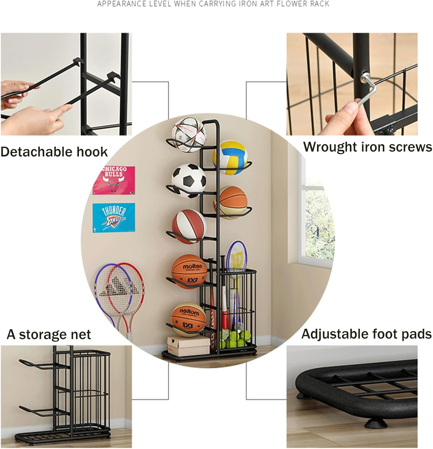 Basketball Storage Rack, Durable 5-Layer Cube Ball Storage Rack, Removable Garage Ball Storage, Vertical Sports Display Rack, Suitable for Volleyball Football, Basketball, Football, with Side Bin image number 4