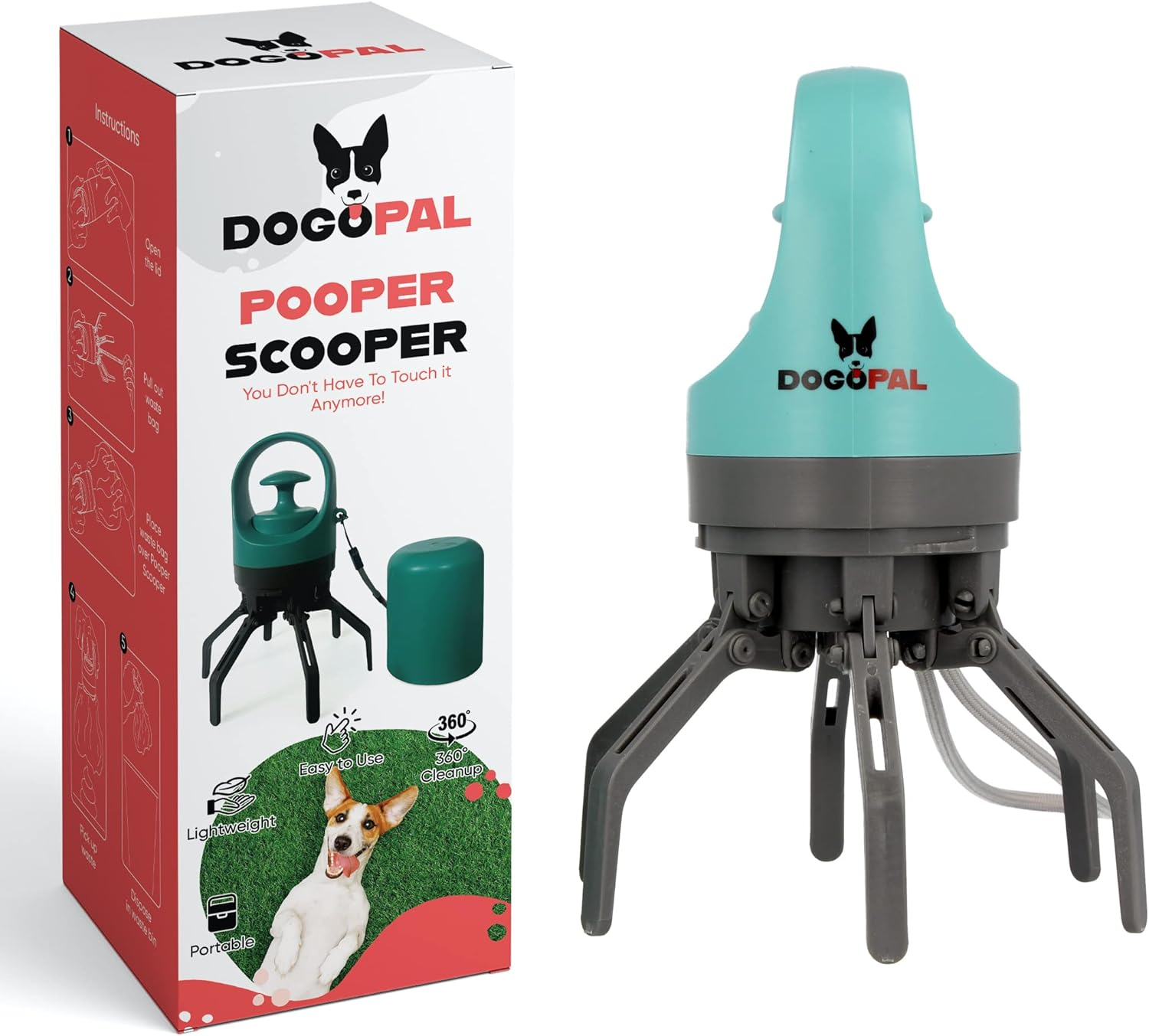 DOGOPAL 360 Dog Poo Grippers with Waste Bag Dispenser - Modern Dog Poop Scoop with Dog Waste Bag Dispenser - Pooper Scooper - Easy to Collect Dog Waste for Small, Medium and Large Dogs