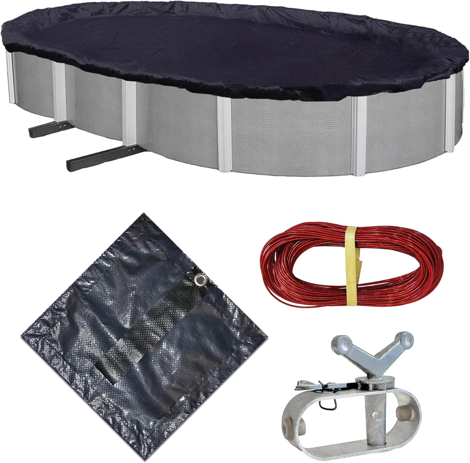 Blue Wave Bronze 8-Year 12 Ft X 20 Ft Oval above Ground Pool Cover for Winter&ndash; Durable & Weather-Resistant Polyethylene &ndash; 4 Ft Overlap, Black Underside, Reinforced Grommets, Winch, Cable &ndash; Navy Blue image number 5