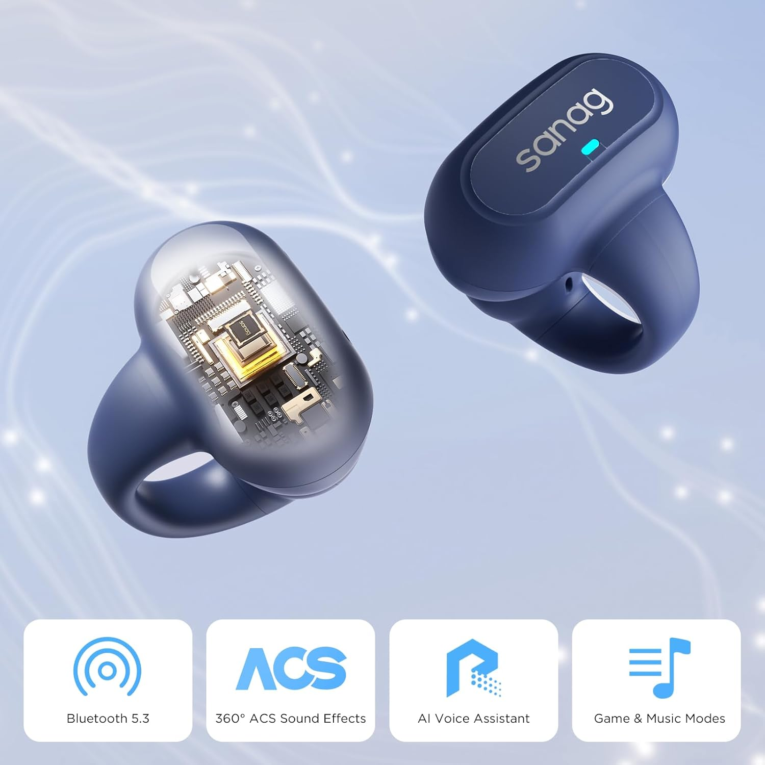 Sanag Open-Ear Earbuds, Ear Clip-On Headphones, Lightweight Comfort, IPX4 Waterproof Wireless Earphones for Running and Workouts, Driving, Sports Ear Buds Built-In Mic, Noise Cancelling, 56H Playtime