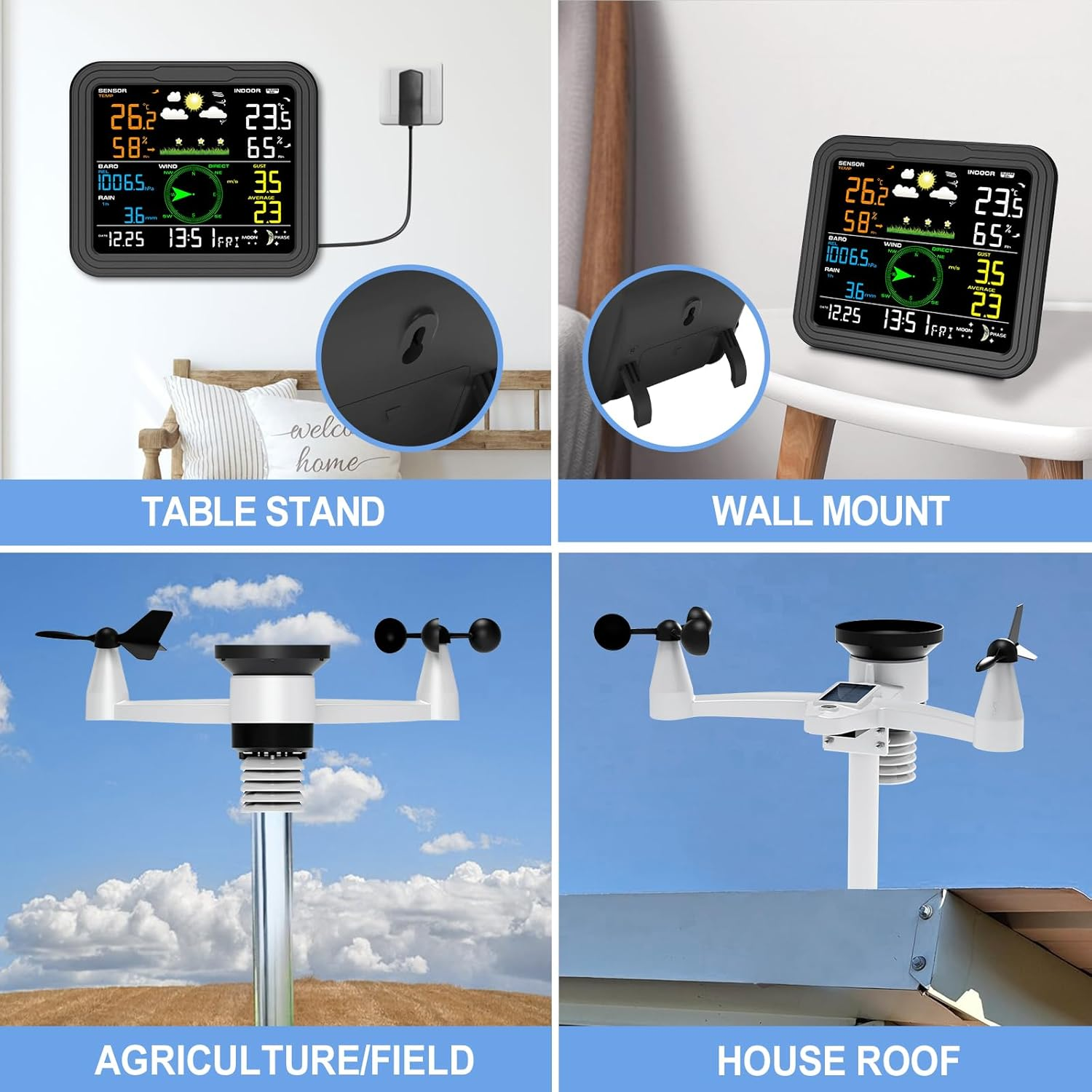 Urageuxy Weather Station Wireless Indoor Outdoor, Home Weather Stations with Rain Gauge, Wind Speed/Direction, Temperature, Humidity, Moon Phase, Weather Forecast, Barometer Pressure and Alarm Clock image number 5