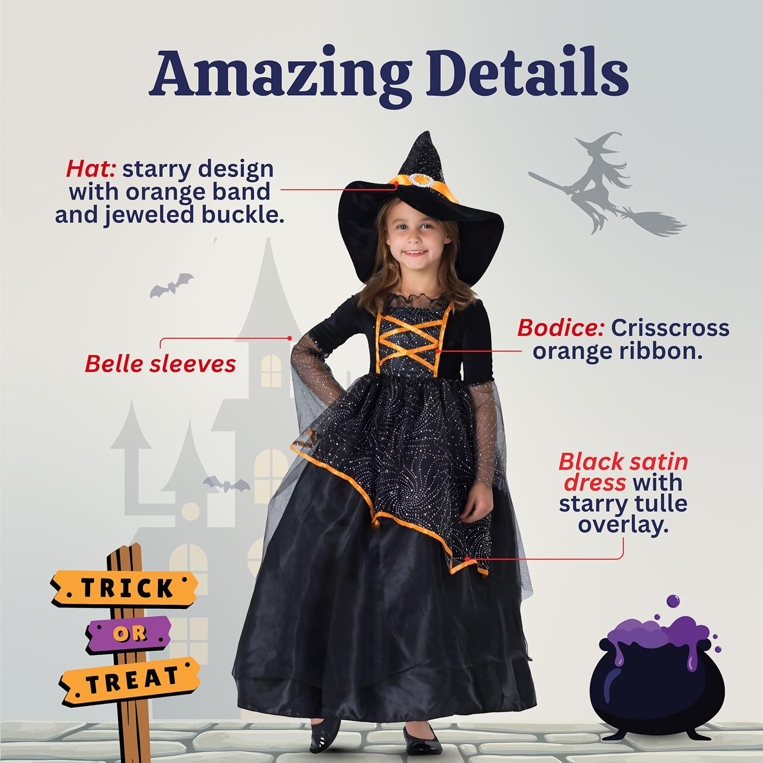 Dress up America Little Girl Black and Orange Witch Costume image number 3