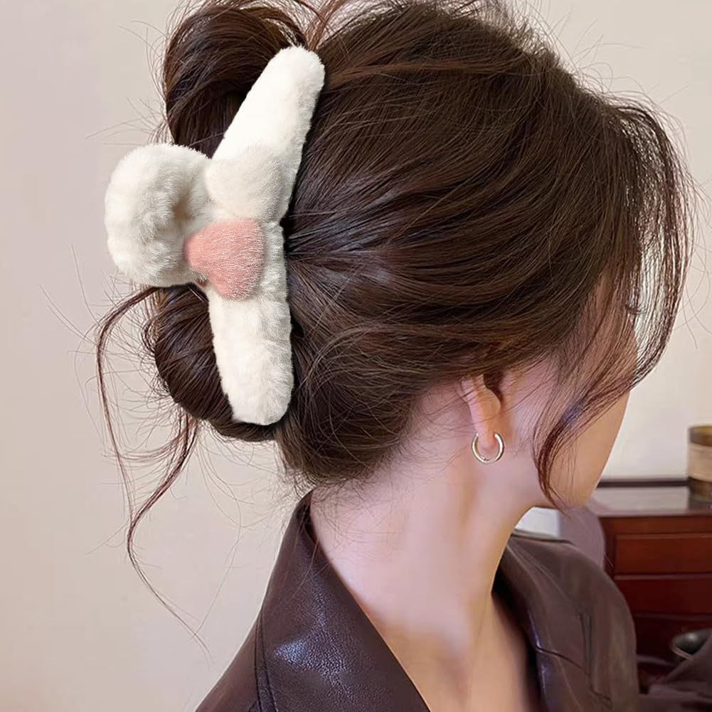 Cutitiuu 2 PCS Large Faux Fur Hair Claw Clip,Plush Heart-Shaped Grabber,Plush Hair Clips Fluffy Grab Clips Large Furry Shark Clips, Fluffy Fleece Catch Barrette Jaw Clamp (White + Pink) image number 3