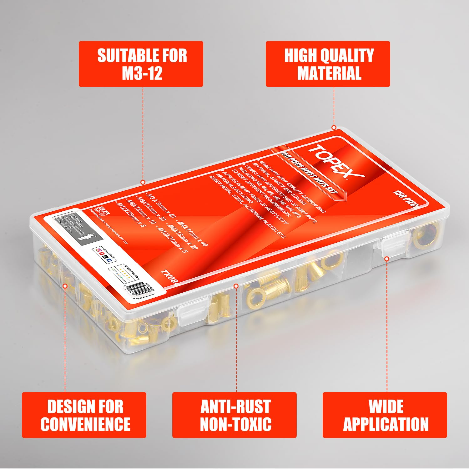 TOPEX Rivet Bolt Steel Rivets Tool Zinc Plated Steel Flange Blind Nutserts Flat Zinc M3 M4 M5 M6 M8 M10 M12 Wuth Storage Case for Belts Wallets Collars Leather DIY Craft Supplies image number 3