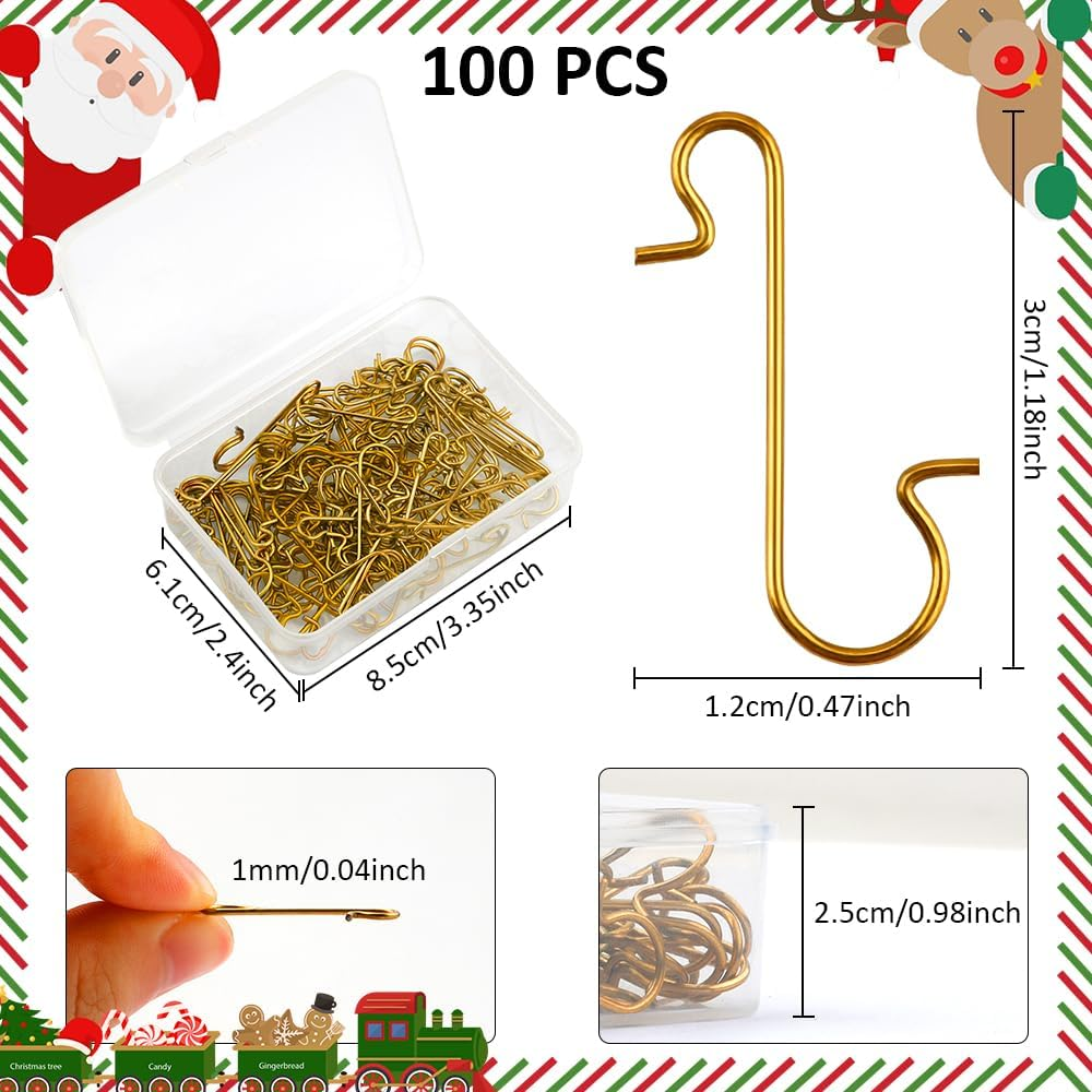 100 Pack Ornament Hooks, Christmas Ornament Hooks Ornaments Hangers Hooks for Christmas Ornaments Metal Wire Ornaments Hooks Anchors for Xmas Tree Decorations Hanging, Gold image number 1