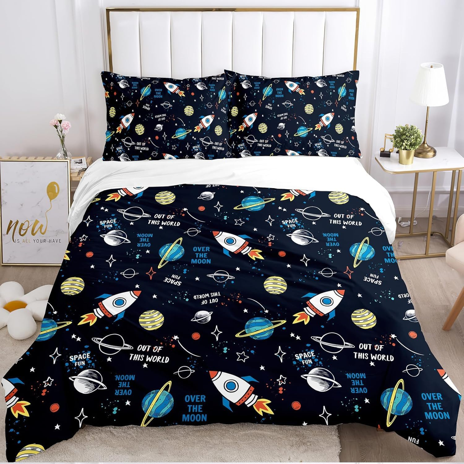 Space Bed Linen 220 X 240 Cm, Universe Planet Rocket Bedding Set Boys Girls Children White Blue Rocket Stars Planets Pattern with Pillowcase 50 X 75 Cm (B, 220 X 240 Cm)