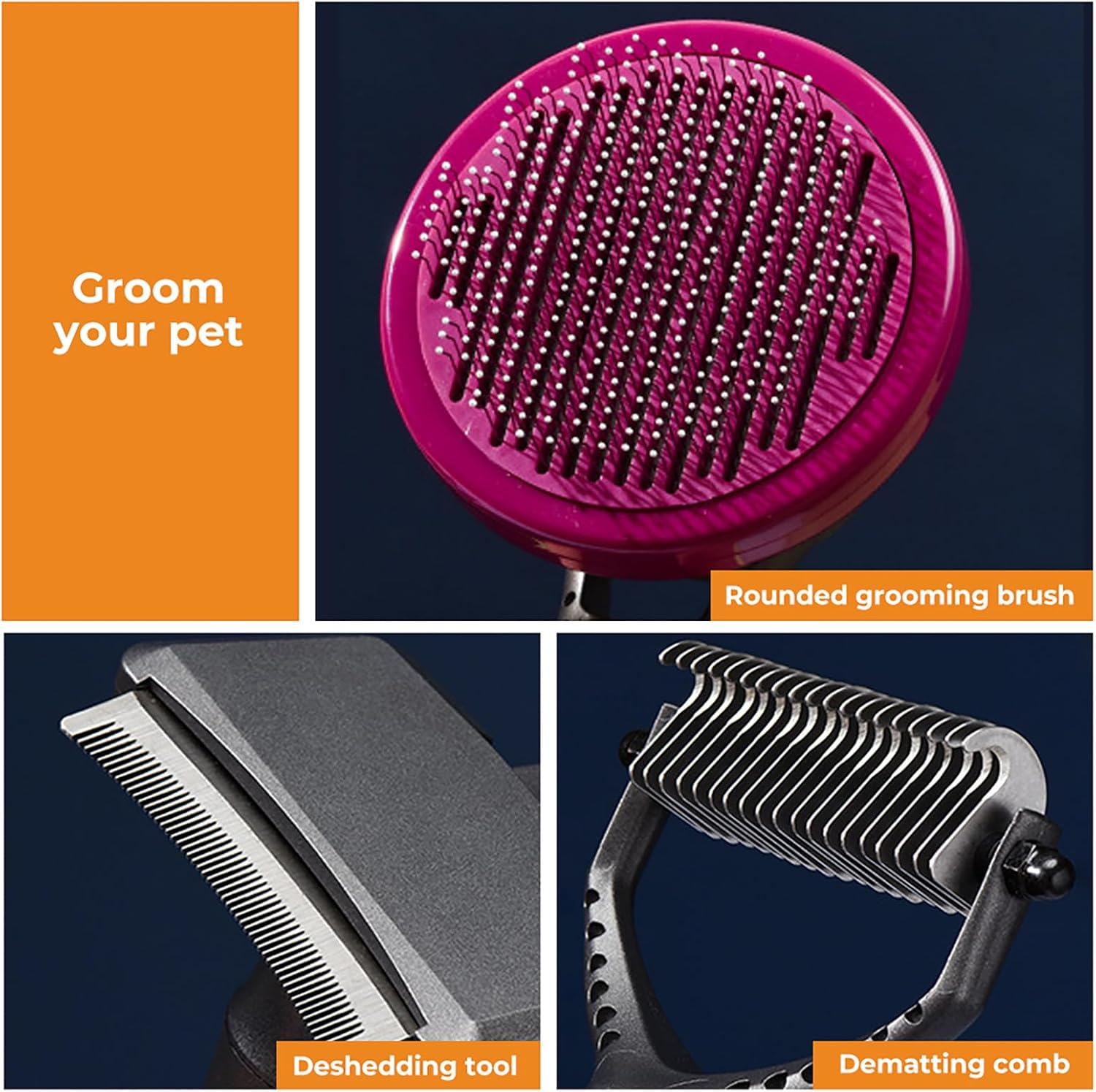 Pawz 3PCS Pet Grooming Tools Kit Fur Cleaning, Grooming Brush One-Click Self Cleaning Deshedding Tool Dematting Comb for Dog Cat,Double-Sided Undercoat Rake, Hair Remover Sticker Set Detangling image number 5