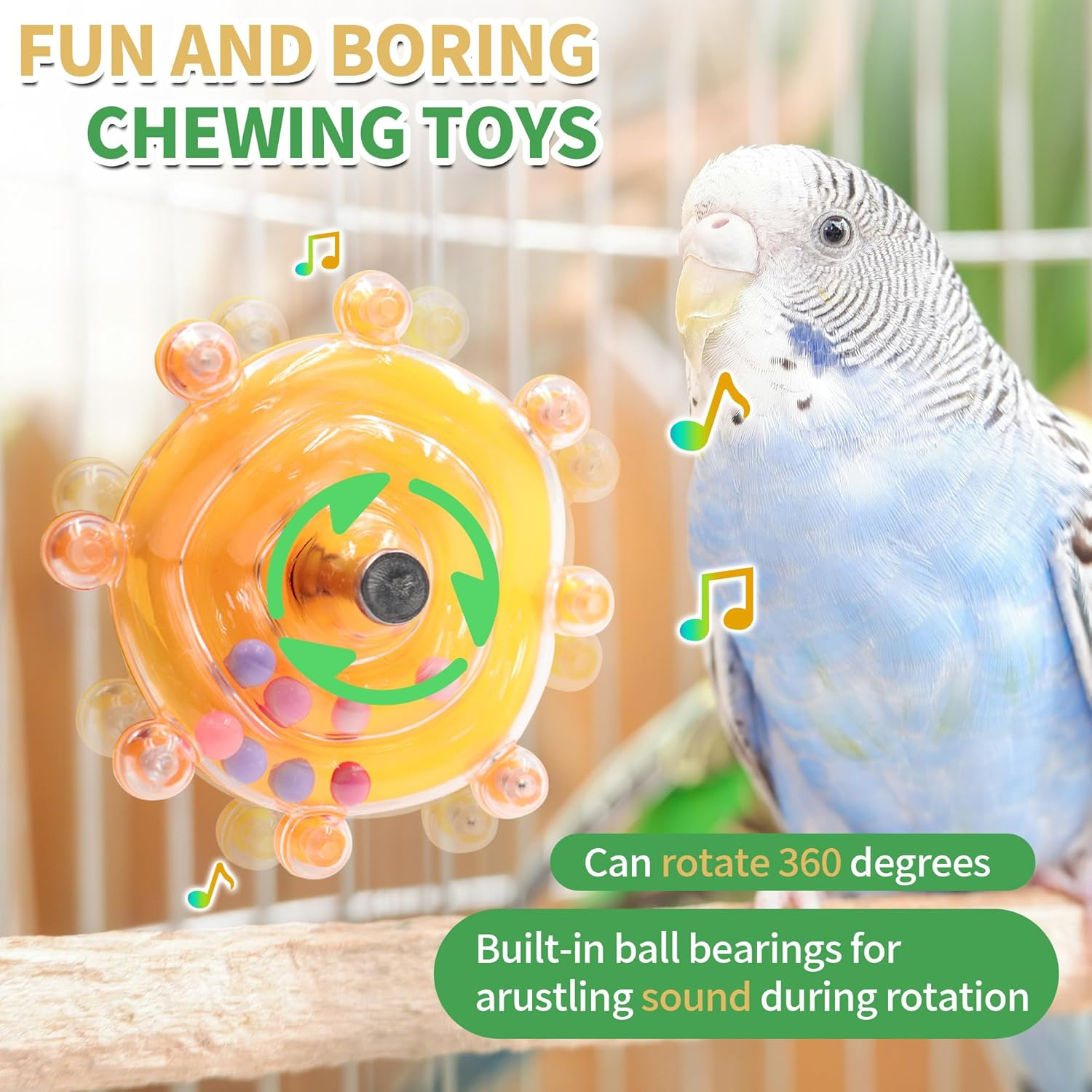 ORNAROVI Bird Toys for Parakeets, Interactive Spinner Rattle Budgie Toys, Rotating Wheel Chew Parrot Toys for Medium Birds Small Cockatiels Conures Enrichment Toy (Yellow) image number 1