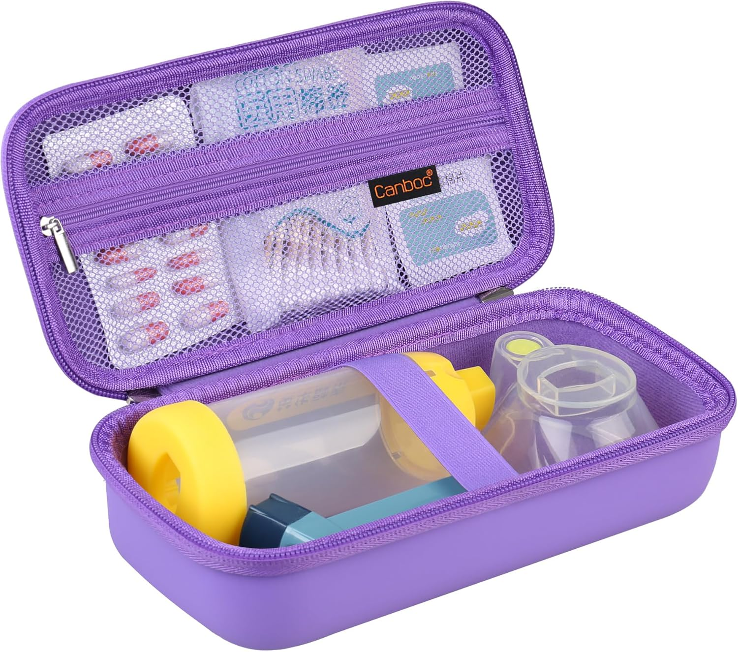 Canboc Travel Carrying Case for Asthma Inhaler, Handheld Spacer for Adults and Kids, Masks, Hard Inhaler Case with Mesh Pocket Fit Medicine and Other Essentials, Purple (Case Only) image number 4