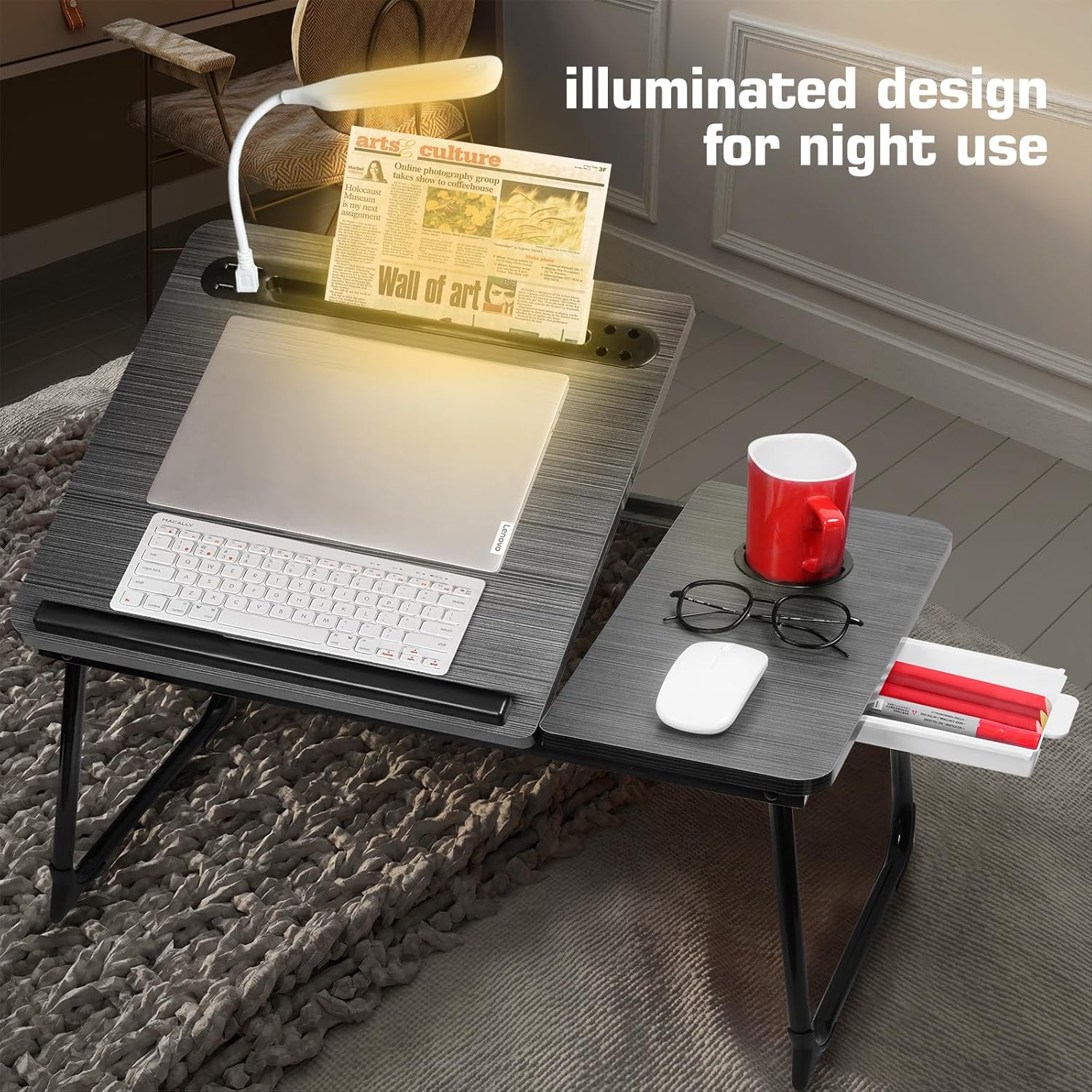 Cloudtrip plus XL Upgraded Laptop Desk with Light, Ipad Holder, Drawer Storage - Larger 23.6IN Size - Multifunctional Lap Desk for Bed, Home Office, Breakfast Tray, Fordable Legs Desk image number 5