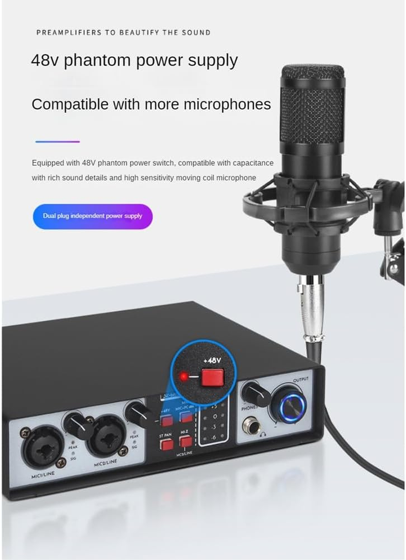 Elqater 2 in 2 Out USB Audio Interface 32Bit/384Khz Studio Parts Recording Sound Card 48V Phantom