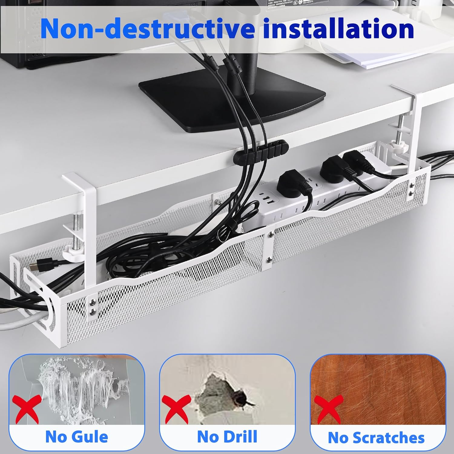 Under Desk Cable Management Box 25.3 Inch &ndash; No-Drill Cable Organizer Tray, Large Cord Management Box for Office & Home, Wire Organizer under Desk Storage, White image number 1