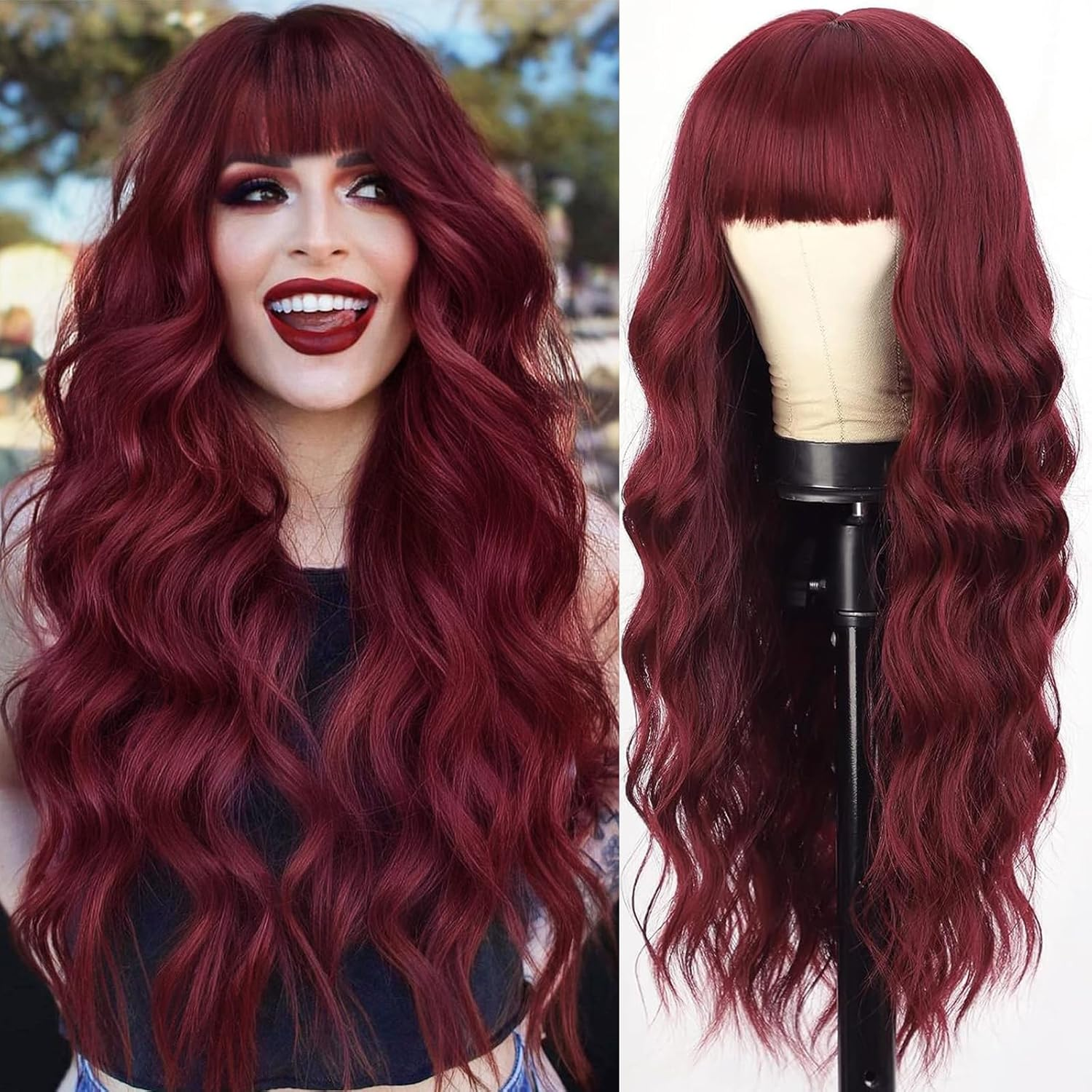 AISI QUEENS Brown Wig with Bangs for Women Long Wavy Hair Wig Brown Highlight Wig Curly Wavy Synthetic Wigs for Girls Daily Party Use