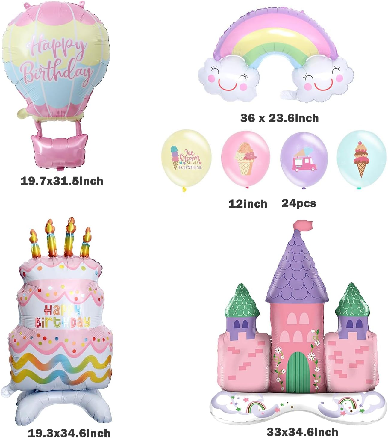 24Pcs Princess Castle Standing Foil Balloon Rainbow Cloud Smile Balloon for Girl Birthday Party Decoration Princess Foil Balloon