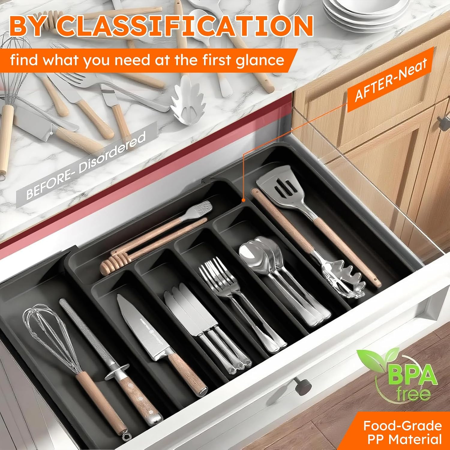 Larger Cutlery Drawer Organiser, Expandable Utensil Drawer Organiser with 9 Compartments, 3-Sided Cutlery Organiser, Adjustable Cutlery and Flatware Tray, Non-Slip, Large for Spoons, Forks and Knives image number 5