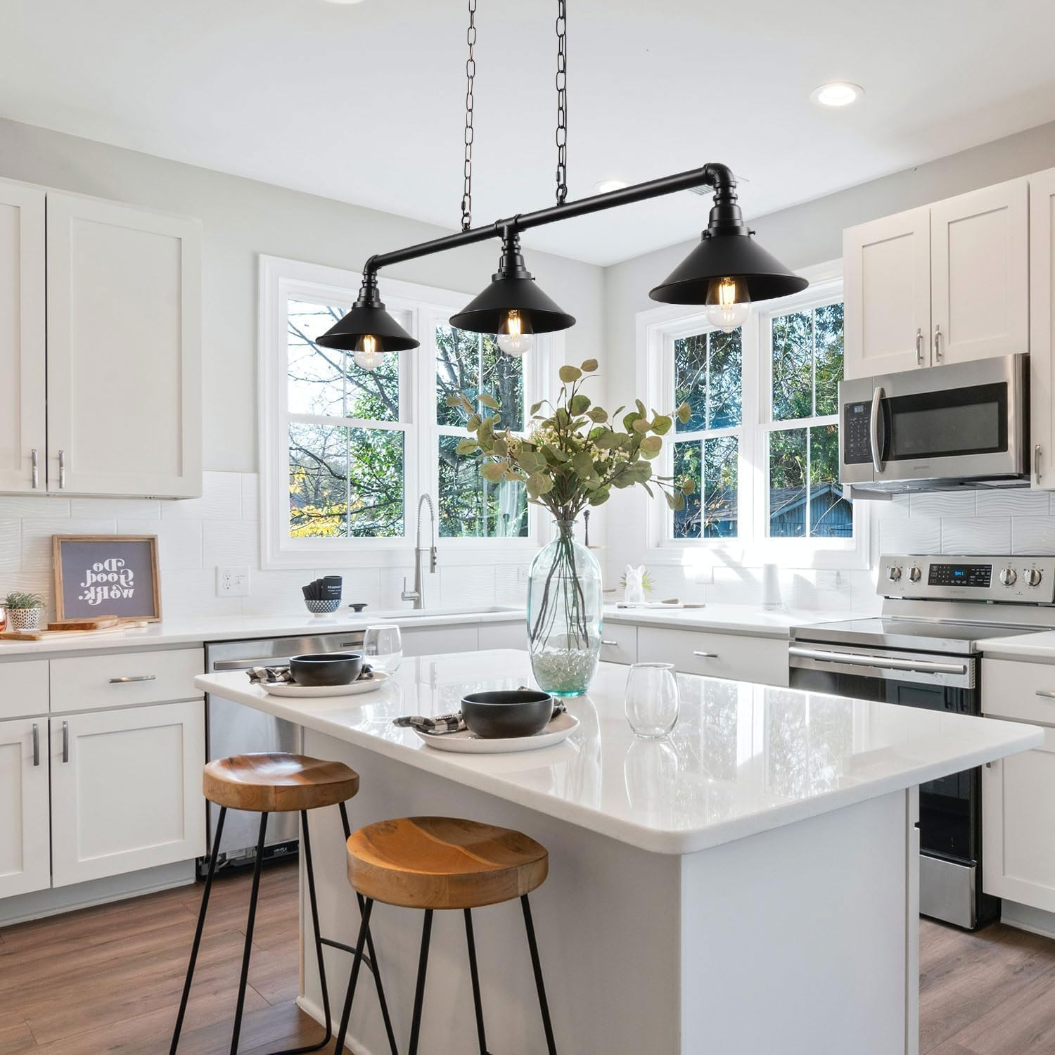 Ledsone Industrial 3 Way Vintage Retro Style Steampunk Pipe Light Bar with Lamp Shade Pendant Light Fitting Metal Pipe Lighting Ceiling Light image number 1