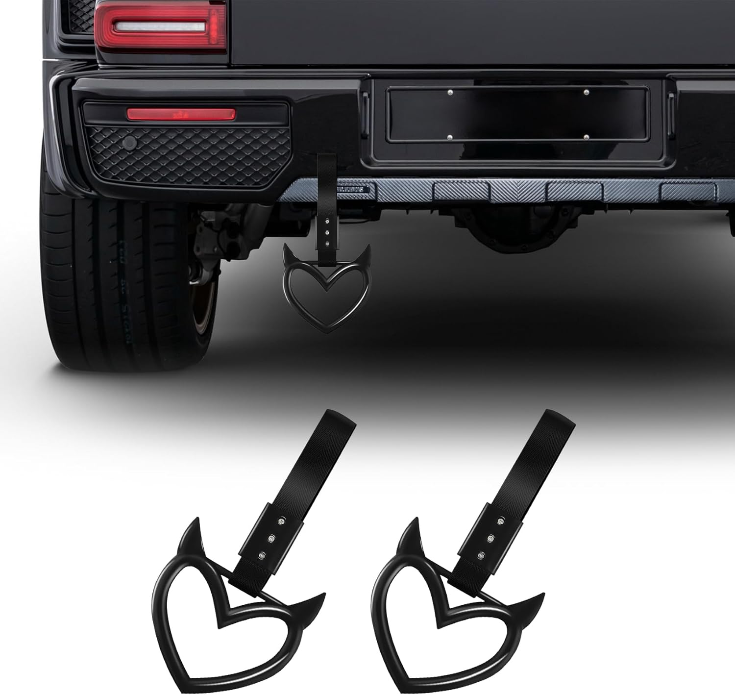 2PCS Devil Heart Handle Ring, Heart Hand Strap Drift Charm, Heart Warning Loops, Interior Exterior Decoration for Car