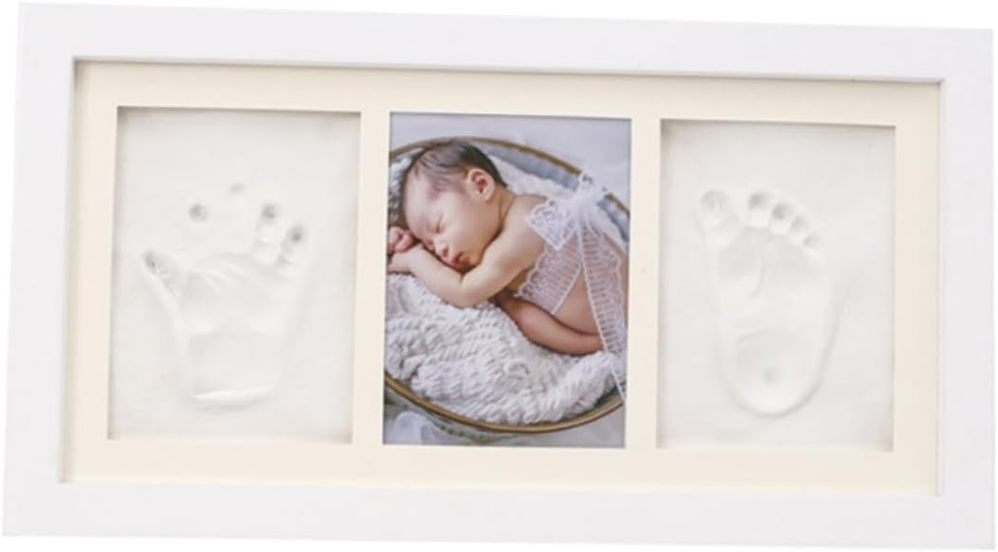 Kisangel Hand and Foot Prints Photo Frame Creative Wooden Picture Holder for Home Decor White Frame with White Inkpad for Bedroom and Living Present for Parents