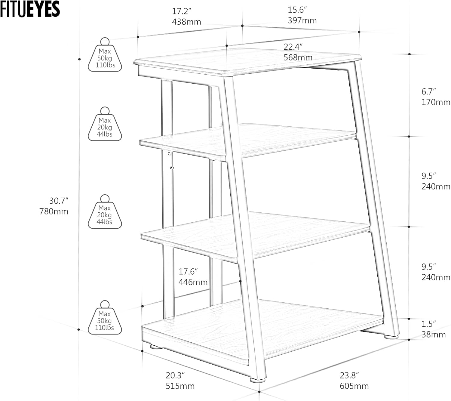 FITUEYES Design Modern Wooden Media Stand - 4-Tier Adjustable Corner Shelf for Gaming Setup (Ps5/Xbox), Sturdy Audio Tower & TV Component Organizer, (White Oak) image number 5
