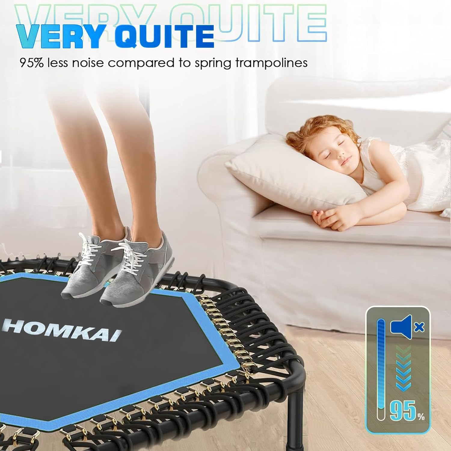 HOMKAI 51" Foldable Mini Trampoline Rebounder, Fitness Trampolines, T Shape Adjustable Foam Handle, Stable & Quiet Exercise Rebounder for Kids Adults Indoor Outdoor Workout image number 2