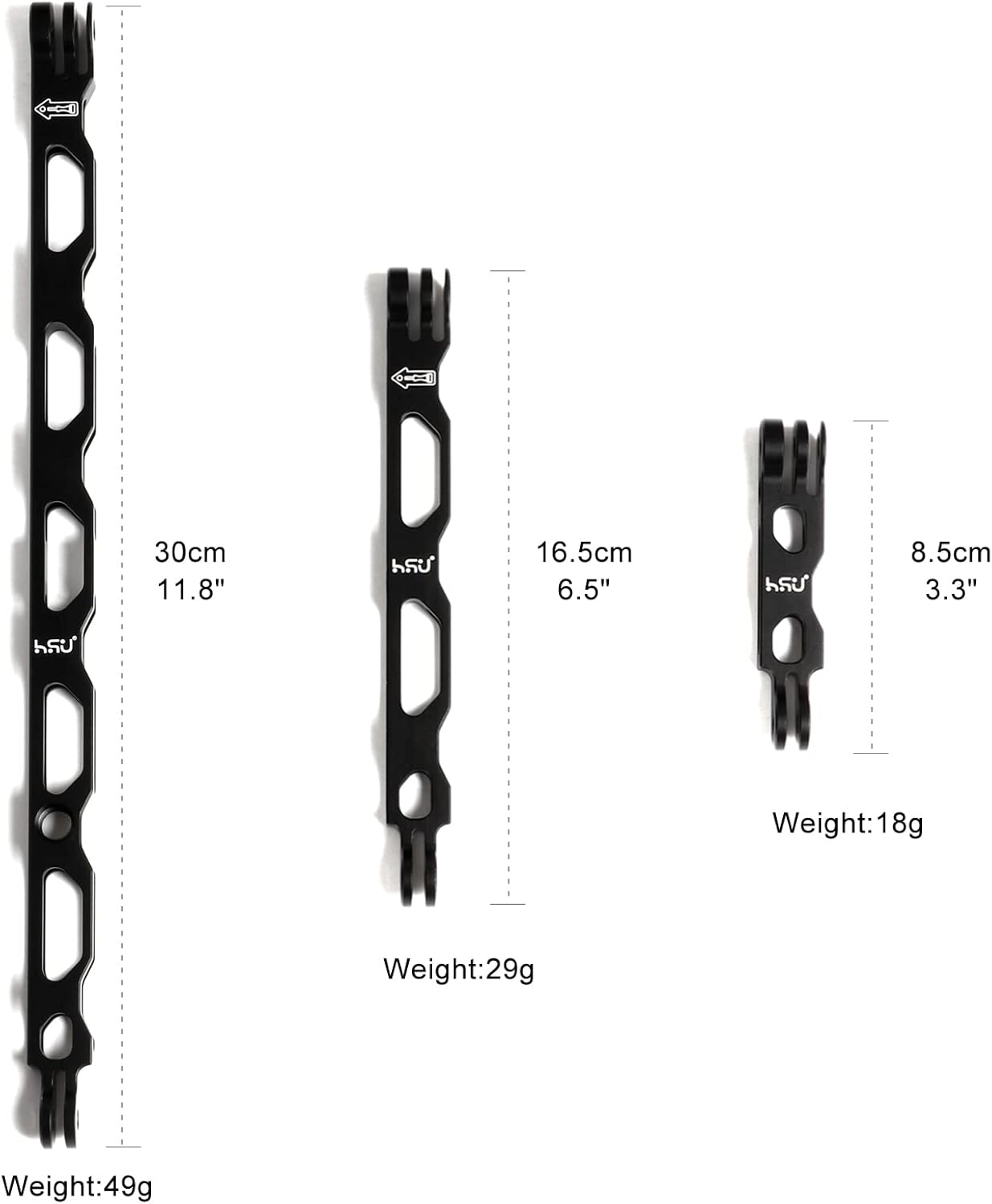 HSU (7 Pcs) All Aluminum Alloy Extension Arm Kit Metal Pole Mount Helmet Stick Extension Arm Mount for Gopro Hero 13/12/11/10/9/8/7/6/5 Black, DJI Osmo Action and More (11.8&rdquo;/6.5&rdquo;/3.3&rdquo;) (Black) - Black image number 2