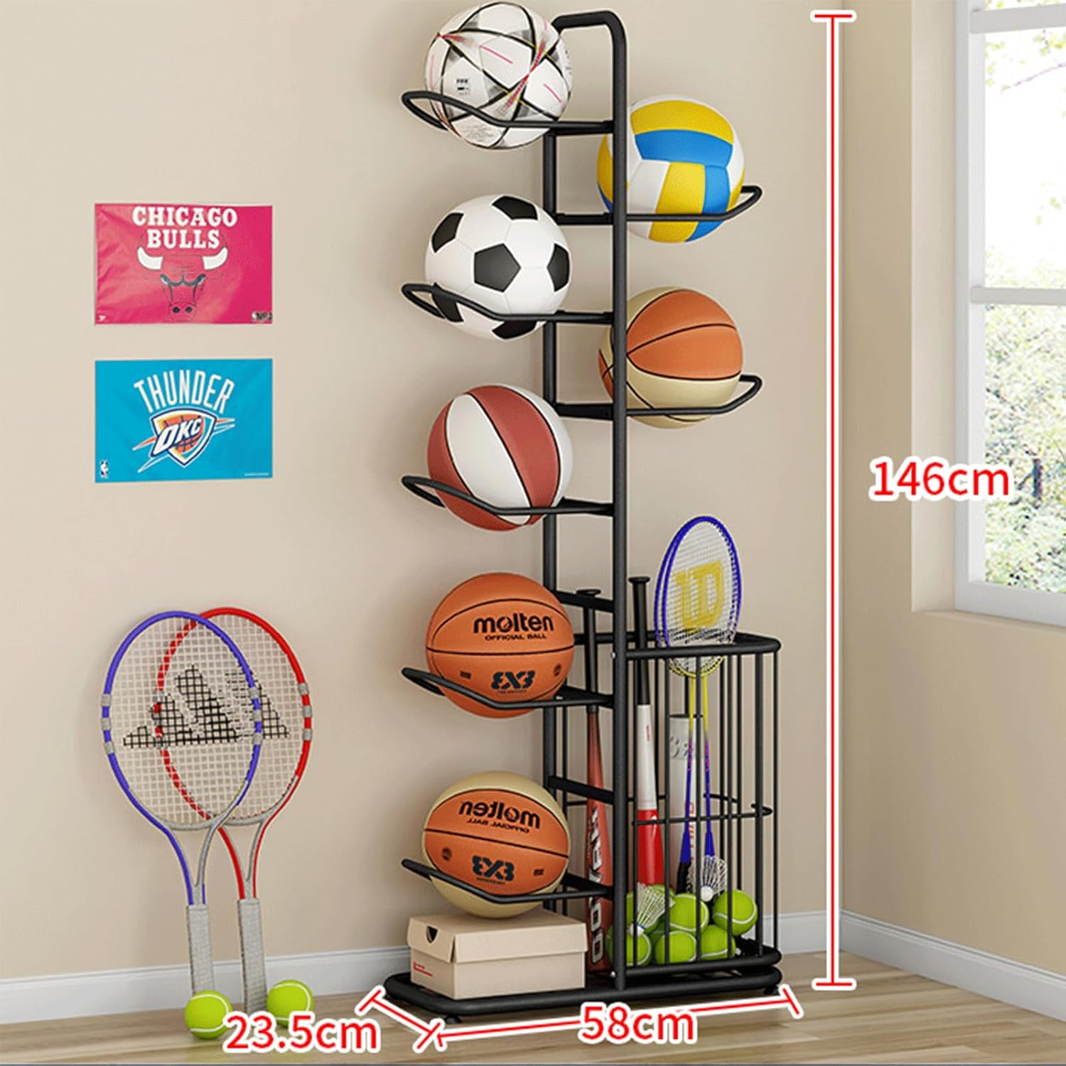 Basketball Storage Rack, Durable 5-Layer Cube Ball Storage Rack, Removable Garage Ball Storage, Vertical Sports Display Rack, Suitable for Volleyball Football, Basketball, Football, with Side Bin image number 1