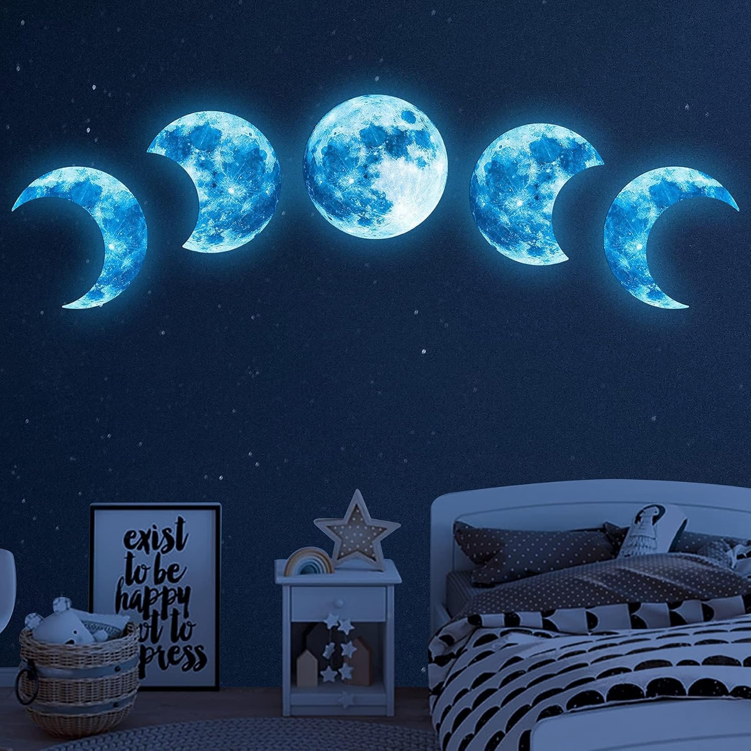 10Pcs Glow in the Dark Moon Wall Decals Large Luminous Space Planet Moon Phases Wall Sticker Glow in the Dark Stickers for Ceiling Removable Vinyl Boho Wall Decor for Boys Girls Bedroom Nursery image number 6