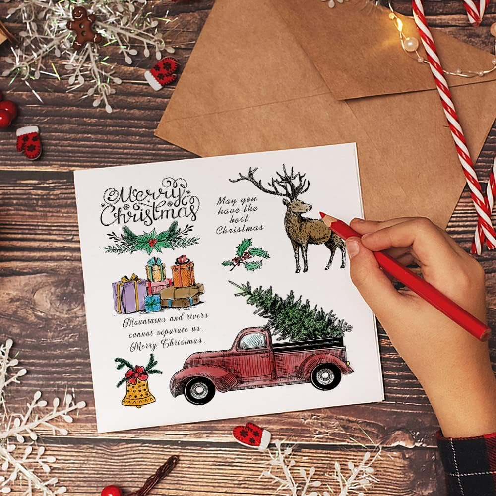 Christmas Gift Truck Clear Stamps for Card Making Decoration and Scrapbooking Supplies, Xmas Theme Blessing Words Transparent Rubber Stamps with Sentiment for Paper Card Photo Album Crafting Supplies image number 1