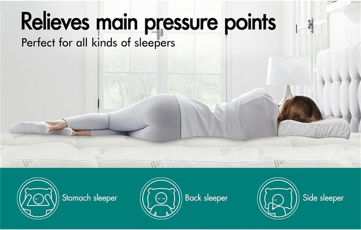 STARRY EUCALYPT Pillowtop Mattress Topper 7.5Cm Thick with Fabric Cover King Size, 1000GSM Microfibre Bamboo Fibre Filling Pillow Top Mattress Topper, Beddings Bed Mat Pad, White & Bamboo Pattern image number 3